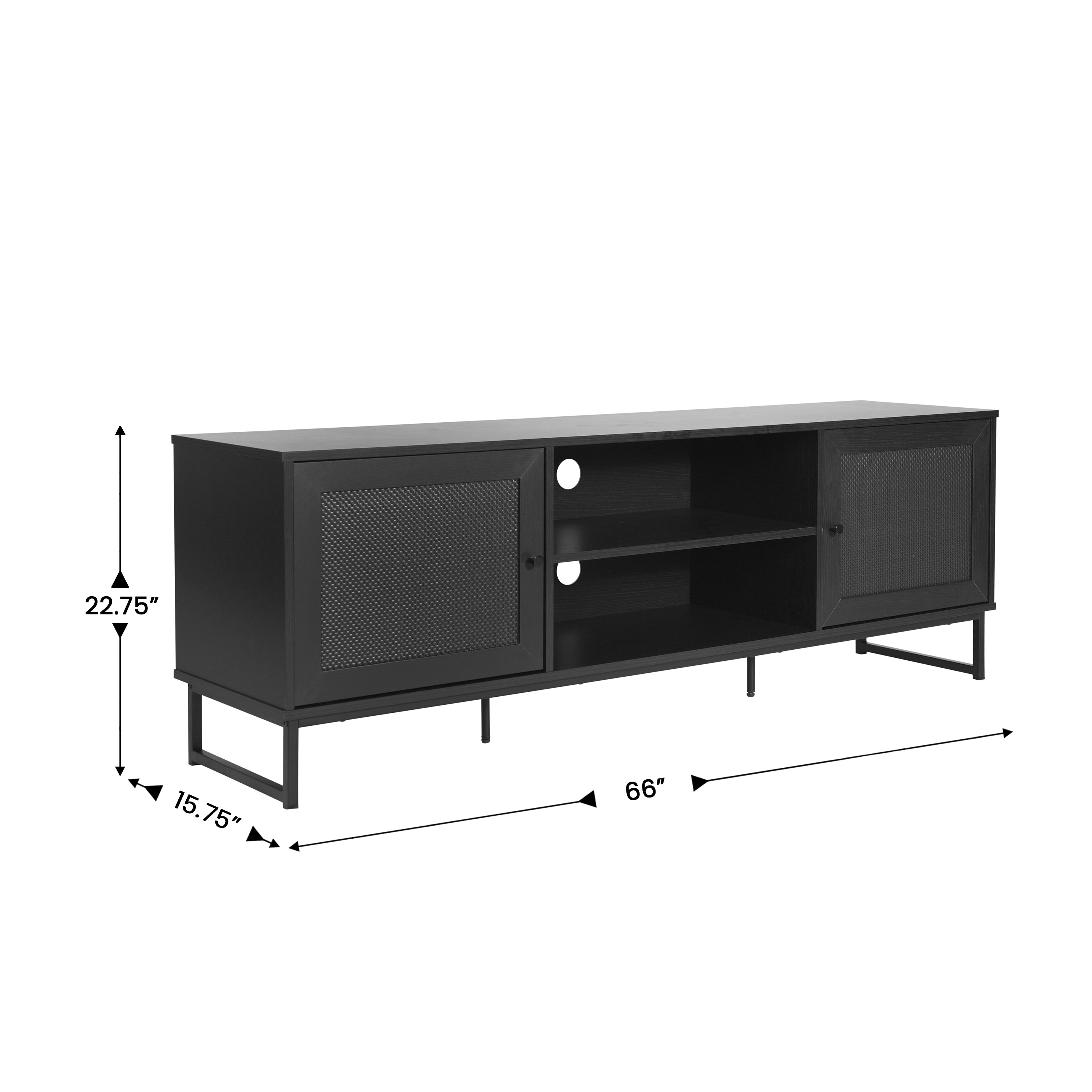 Malaki Mid-Century Modern 65 Inch TV Stand with 2 Rattan Soft Close Doors and Fixed Center Shelf, TV Stand for up to 70" TV's