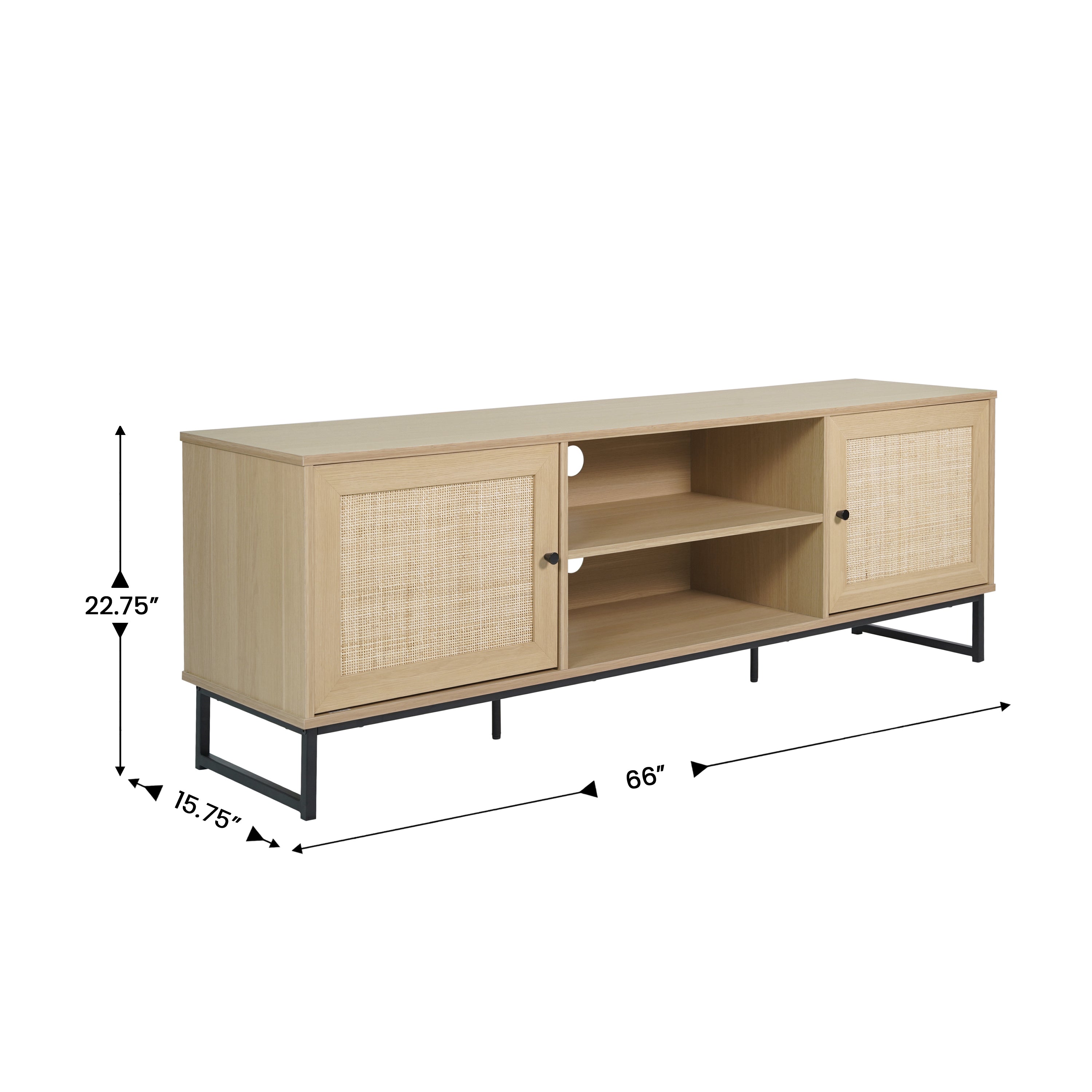 Malaki Mid-Century Modern 65 Inch TV Stand with 2 Rattan Soft Close Doors and Fixed Center Shelf, TV Stand for up to 70" TV's