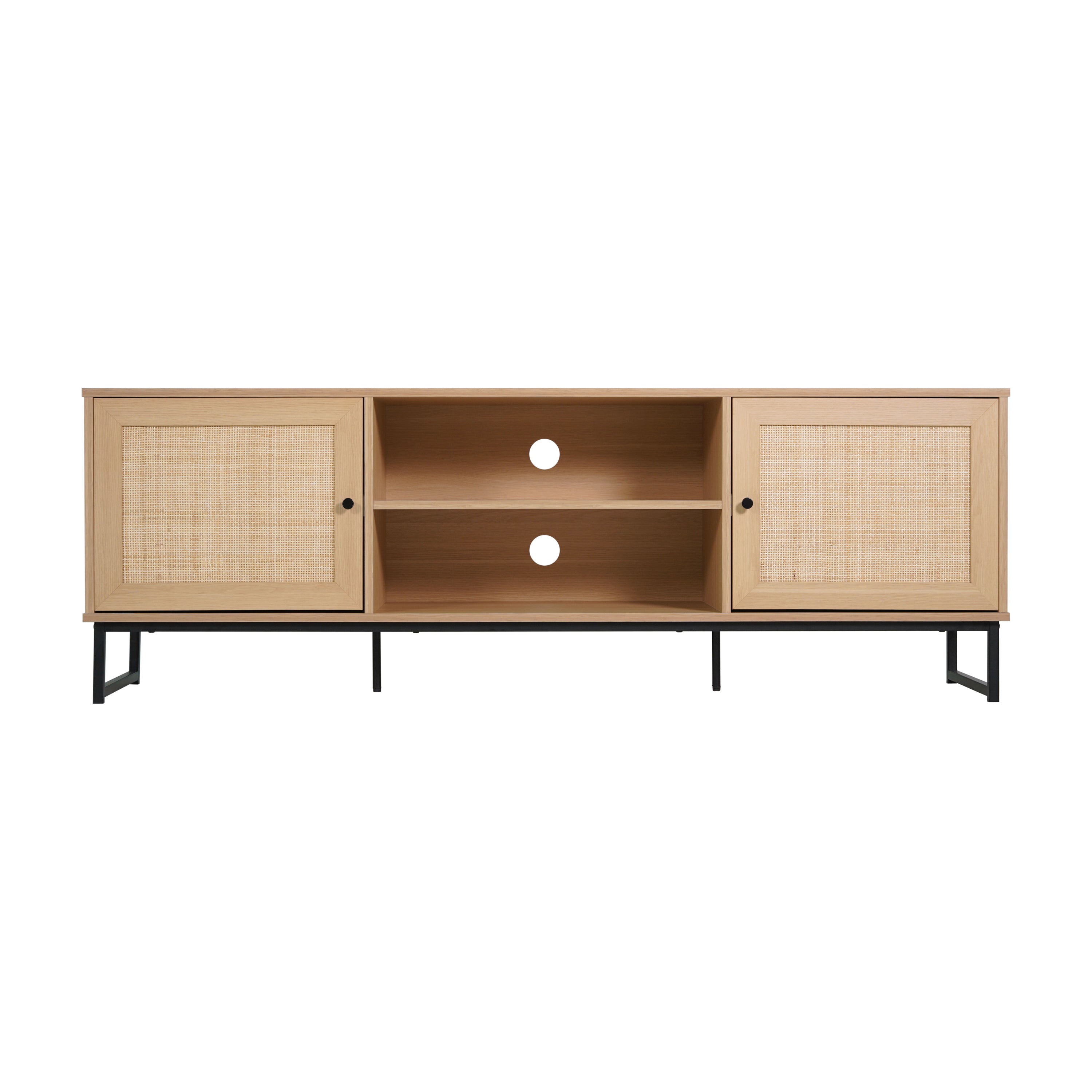 Malaki Mid-Century Modern 65 Inch TV Stand with 2 Rattan Soft Close Doors and Fixed Center Shelf, TV Stand for up to 70" TV's