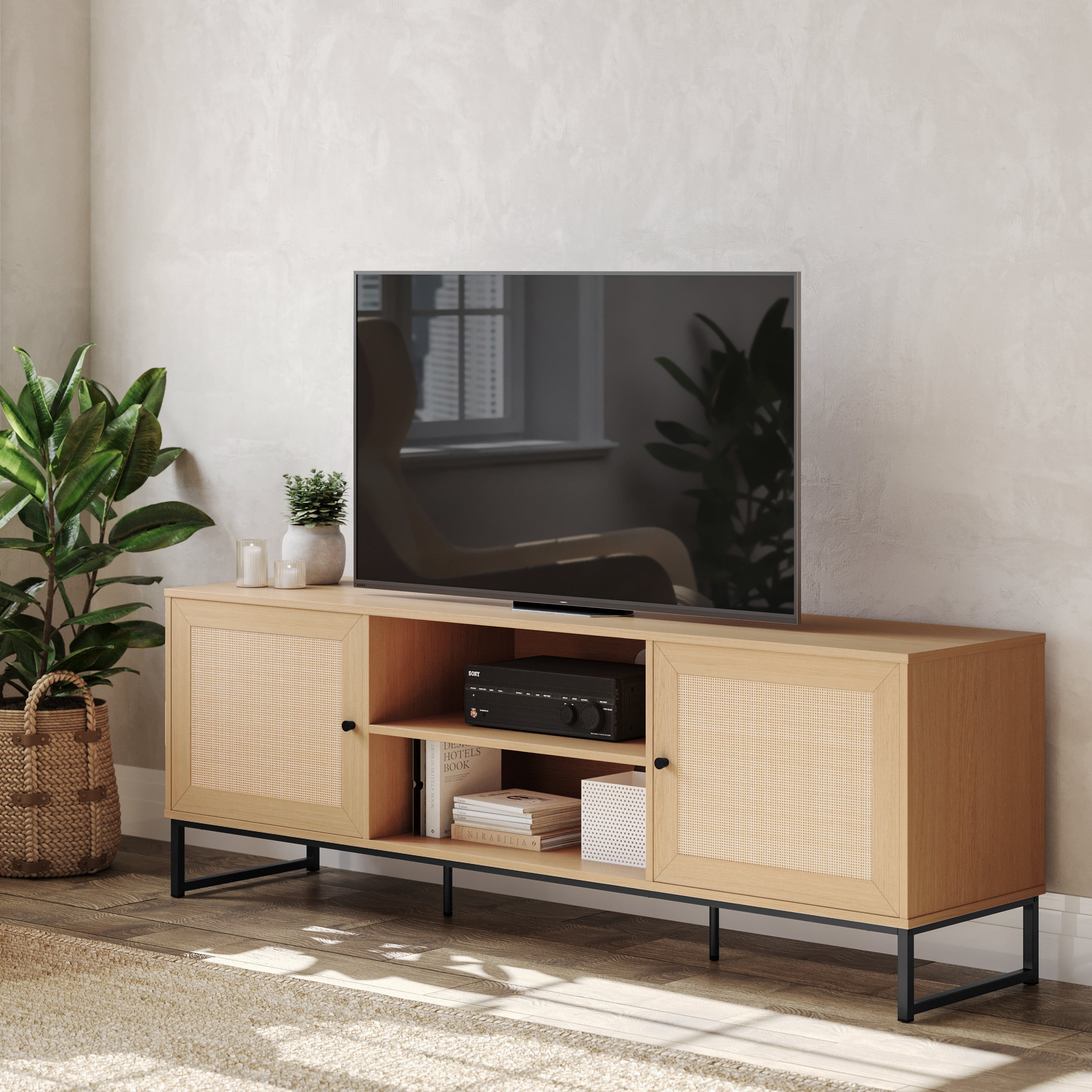 Malaki Mid-Century Modern 65 Inch TV Stand with 2 Rattan Soft Close Doors and Fixed Center Shelf, TV Stand for up to 70" TV's