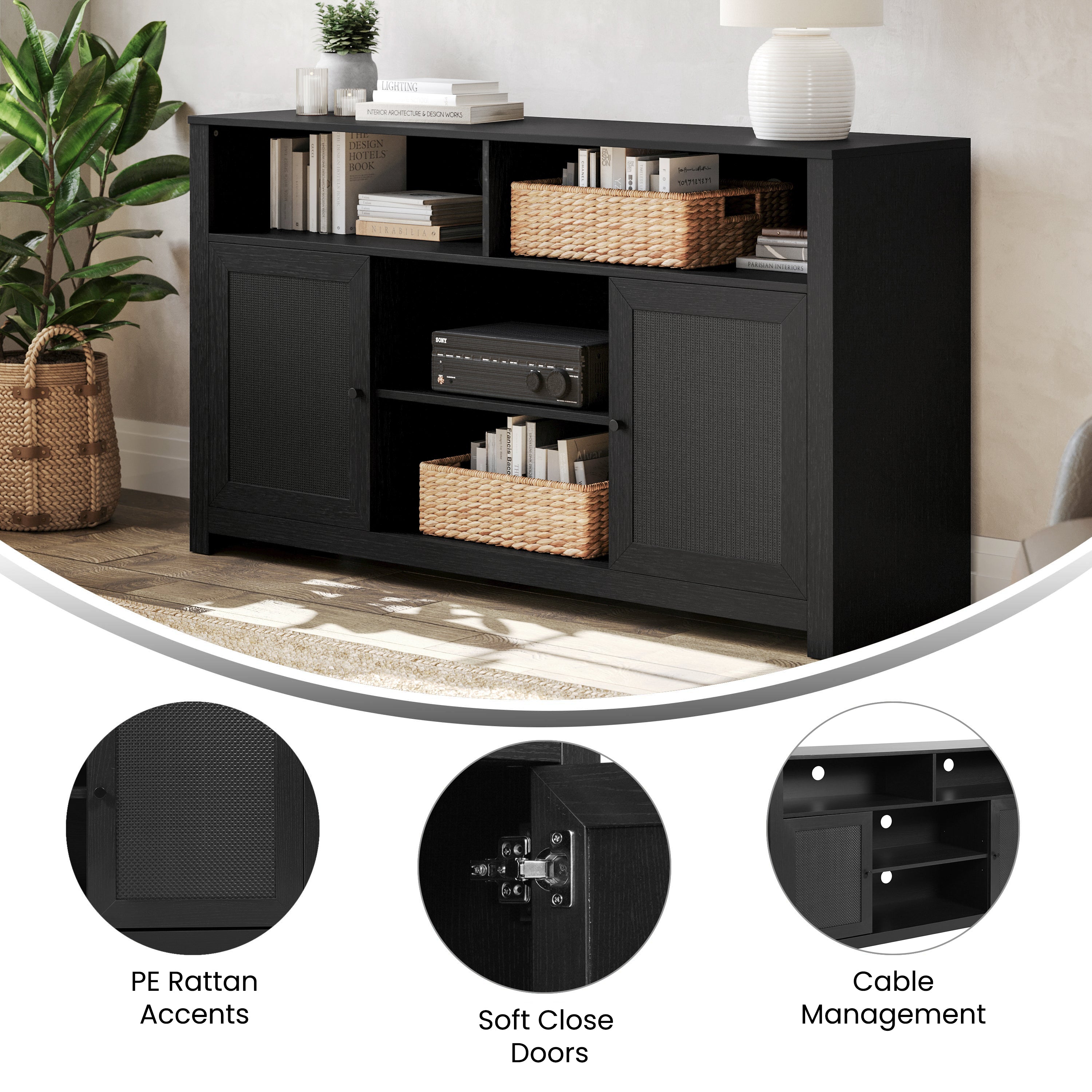 Malaki Mid-Century Modern Buffet Sideboard with 2 Soft Close Doors and Adjustable Center Shelf, TV Stand for up to 65" TV's