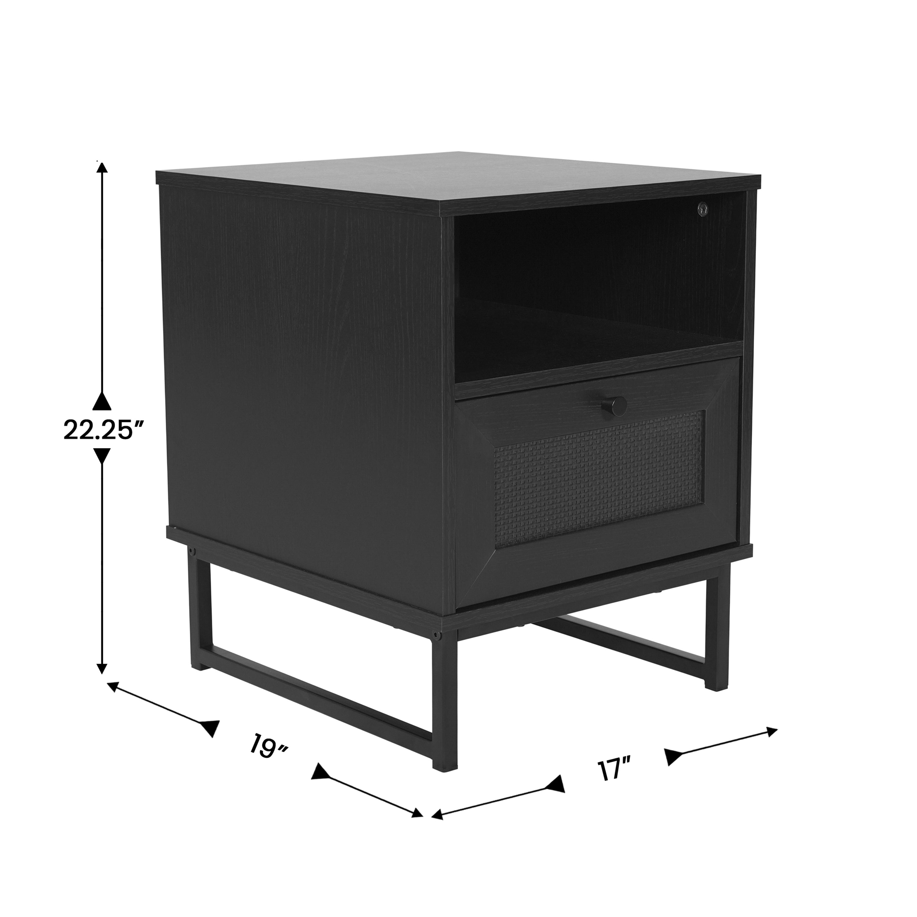Malaki Mid-Century Modern Nightstand or End Table with Rattan Accented Drawer, Open Upper Shelf, and Metal Legs