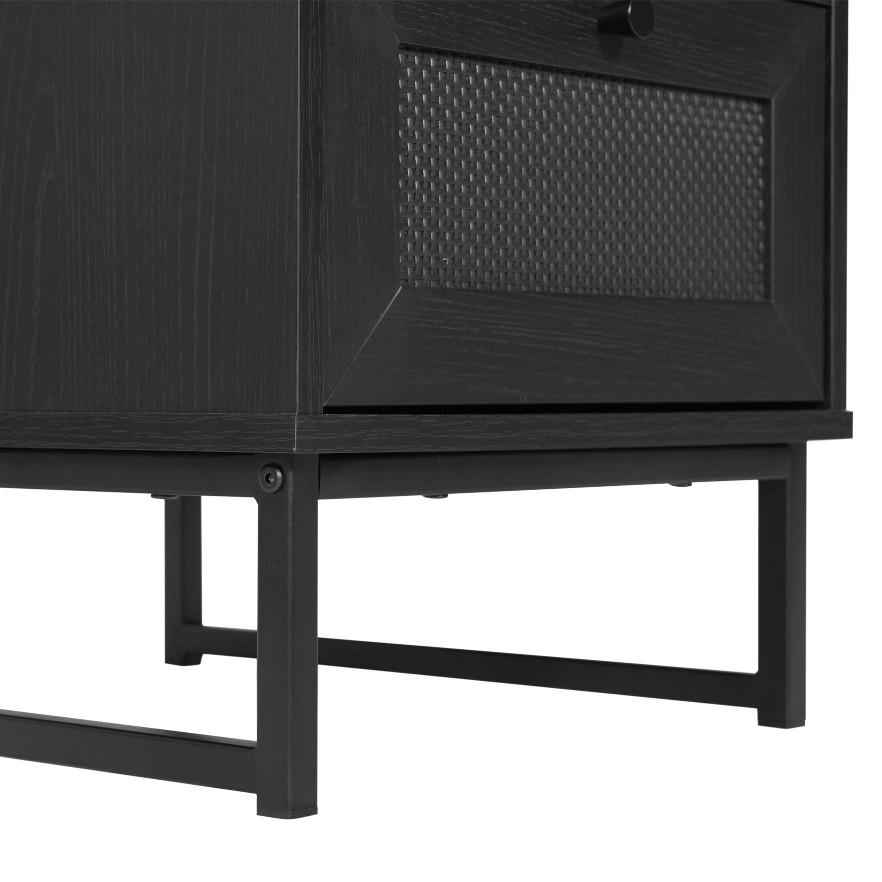 Malaki Mid-Century Modern Nightstand or End Table with Rattan Accented Drawer, Open Upper Shelf, and Metal Legs
