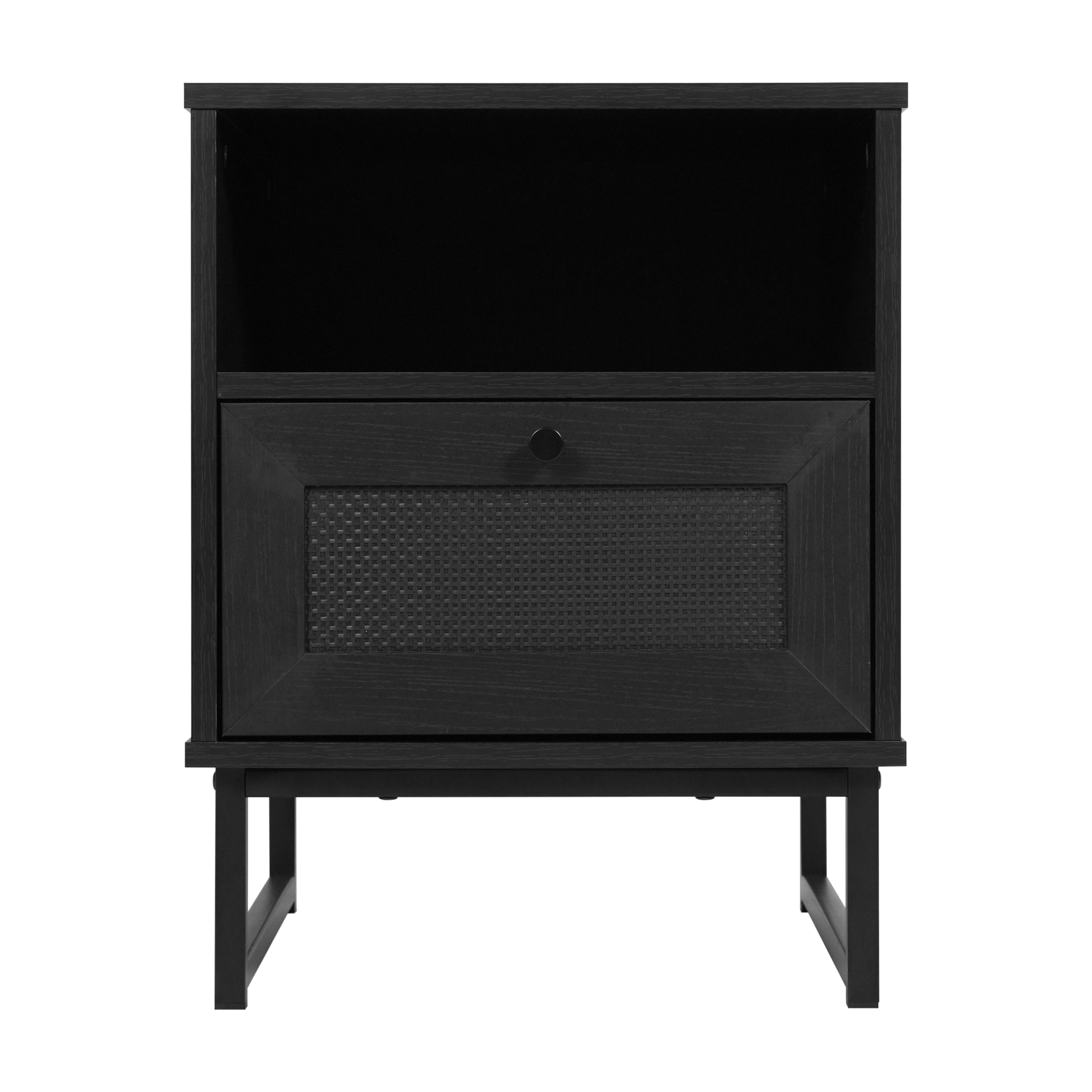 Malaki Mid-Century Modern Nightstand or End Table with Rattan Accented Drawer, Open Upper Shelf, and Metal Legs