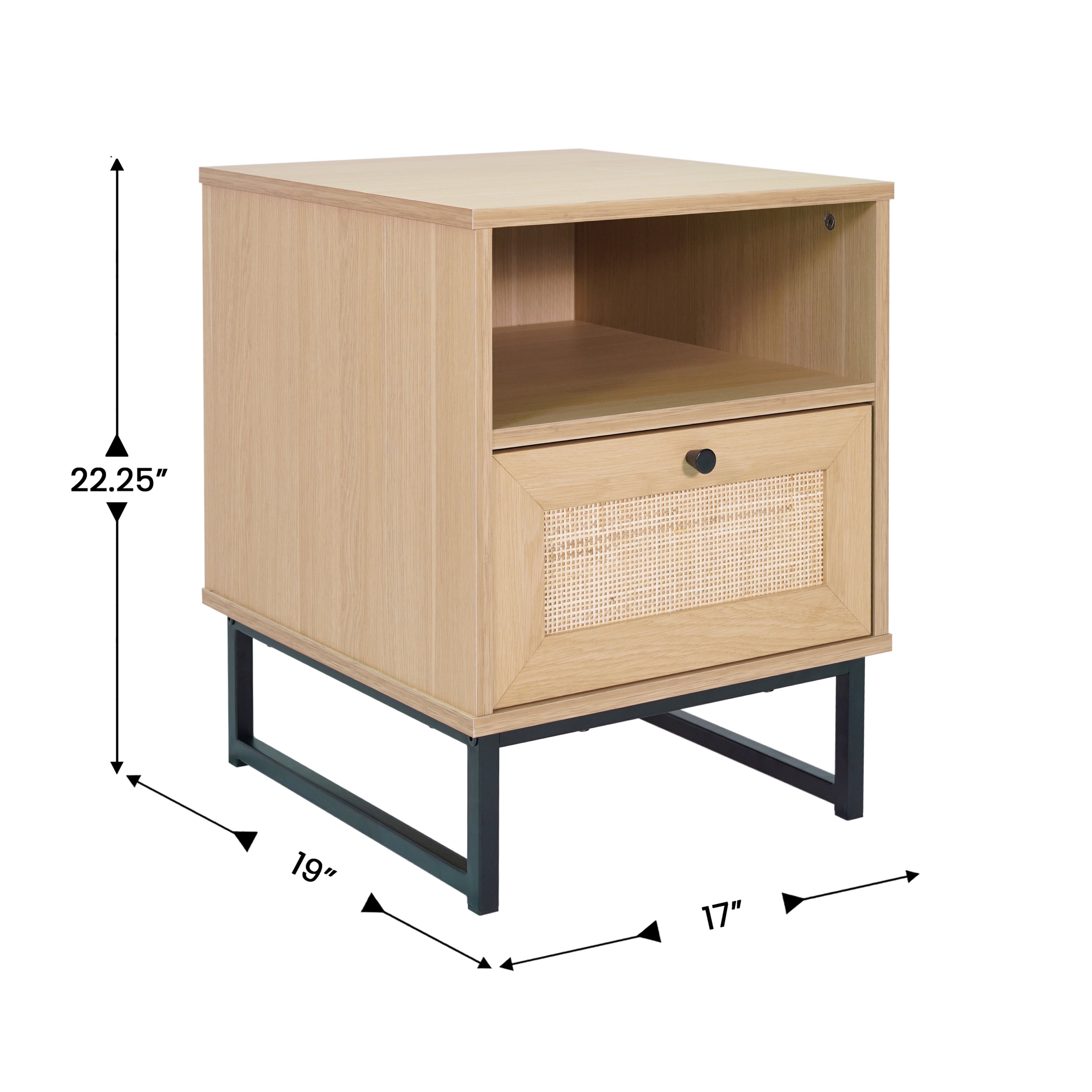 Malaki Mid-Century Modern Nightstand or End Table with Rattan Accented Drawer, Open Upper Shelf, and Metal Legs