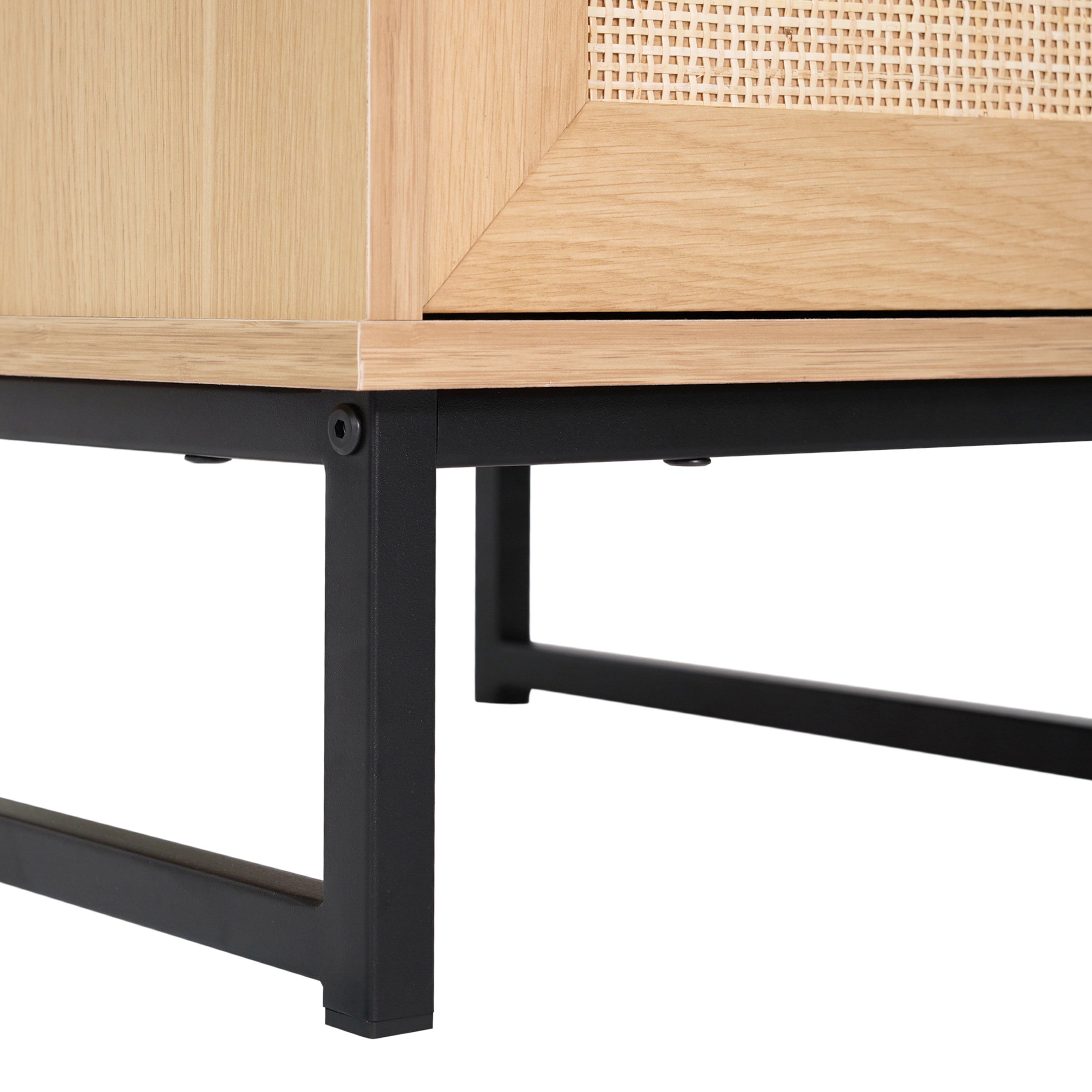 Malaki Mid-Century Modern Nightstand or End Table with Rattan Accented Drawer, Open Upper Shelf, and Metal Legs