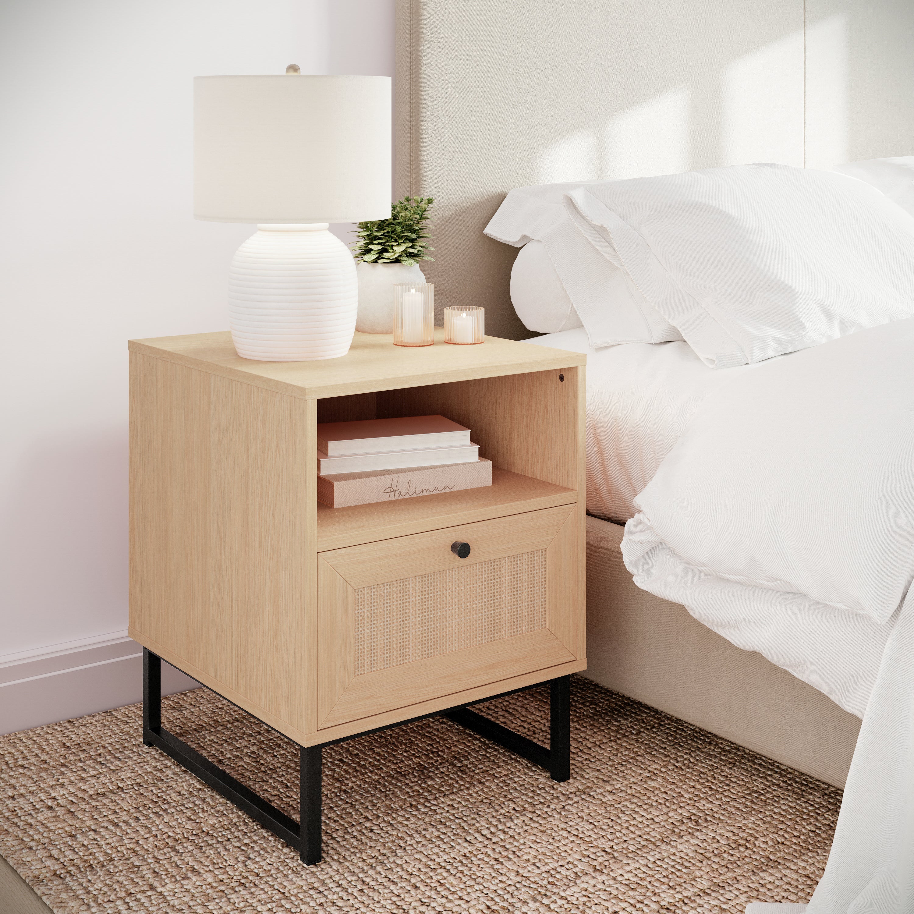Malaki Mid-Century Modern Nightstand or End Table with Rattan Accented Drawer, Open Upper Shelf, and Metal Legs