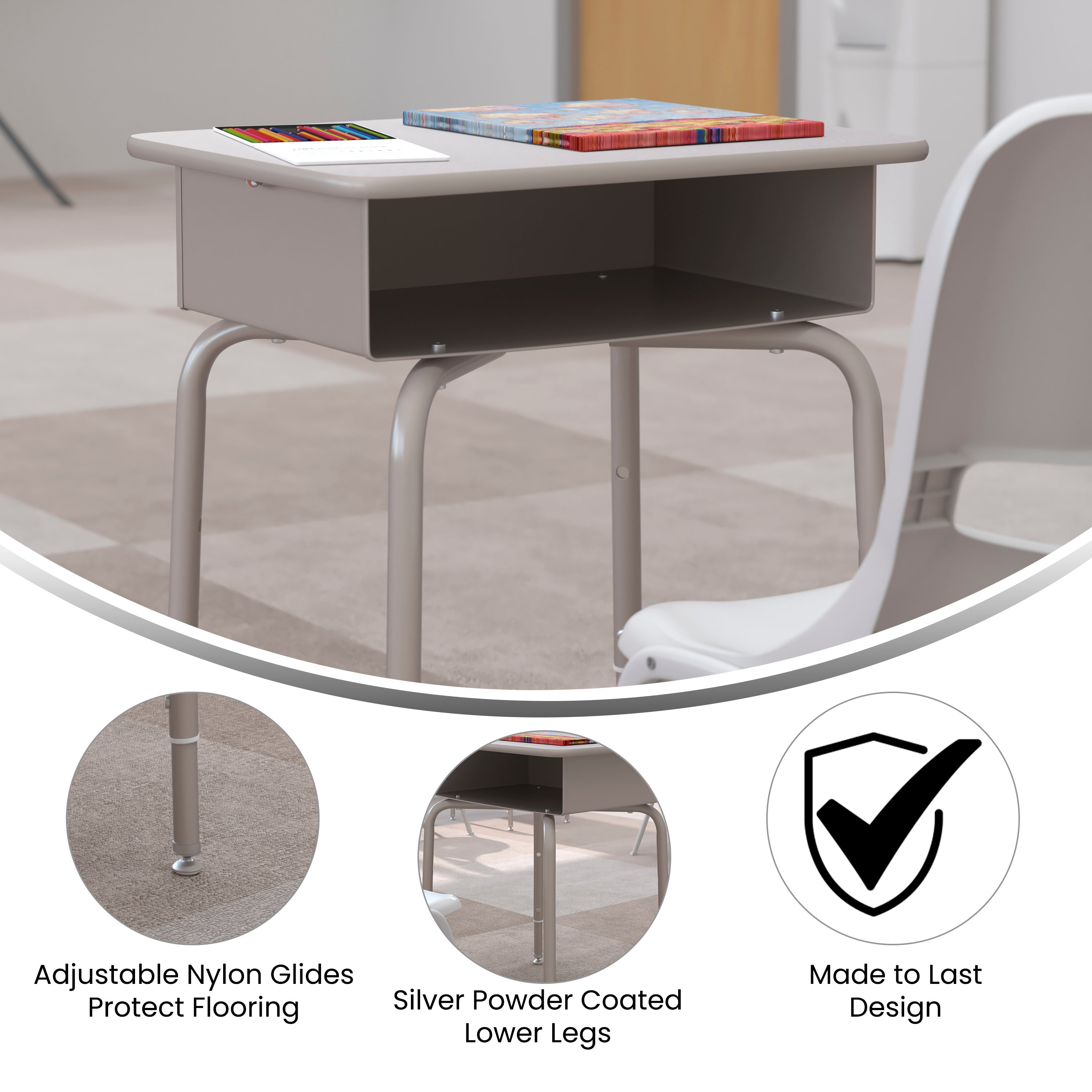 Student Desk with Open Front Metal Book Box