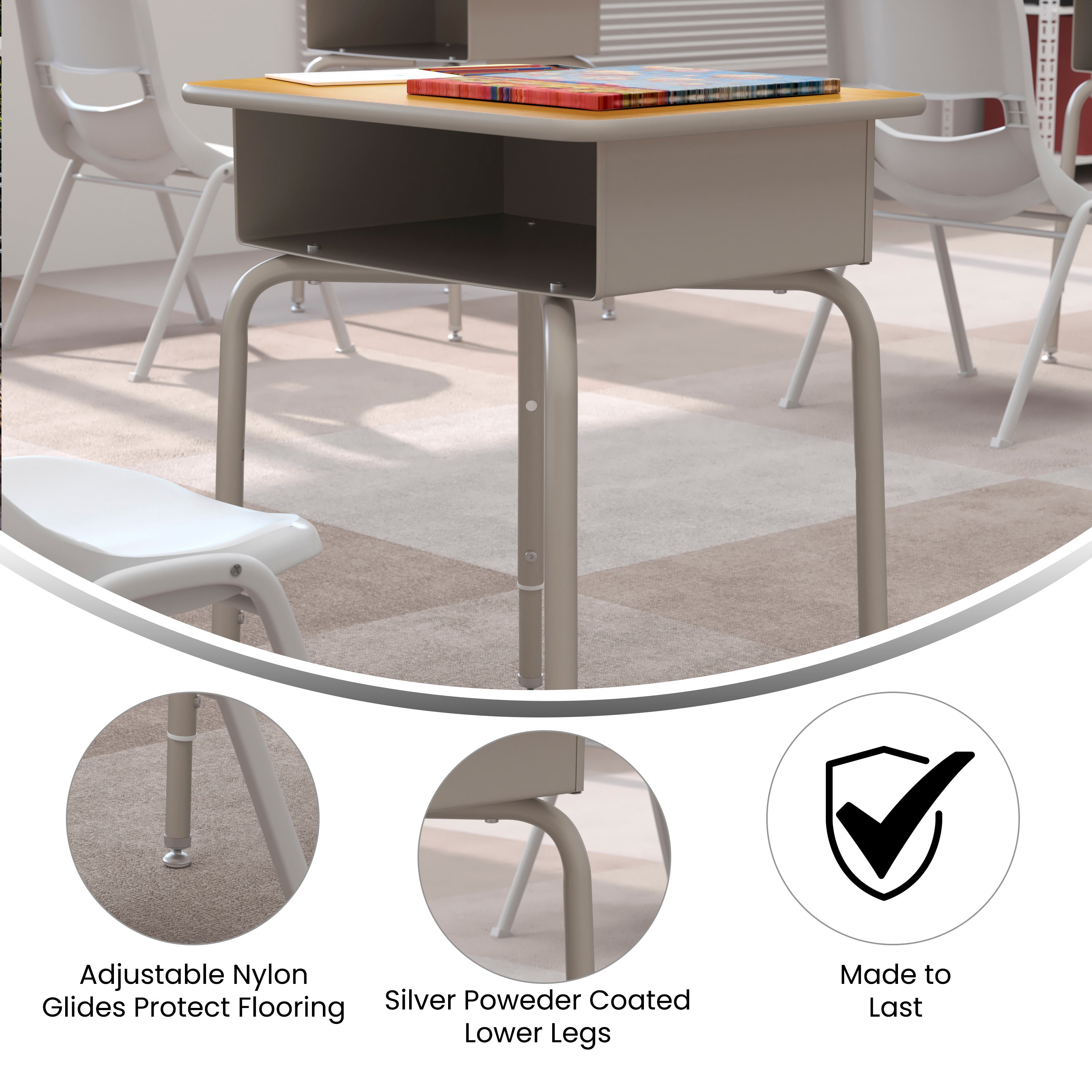 Student Desk with Open Front Metal Book Box