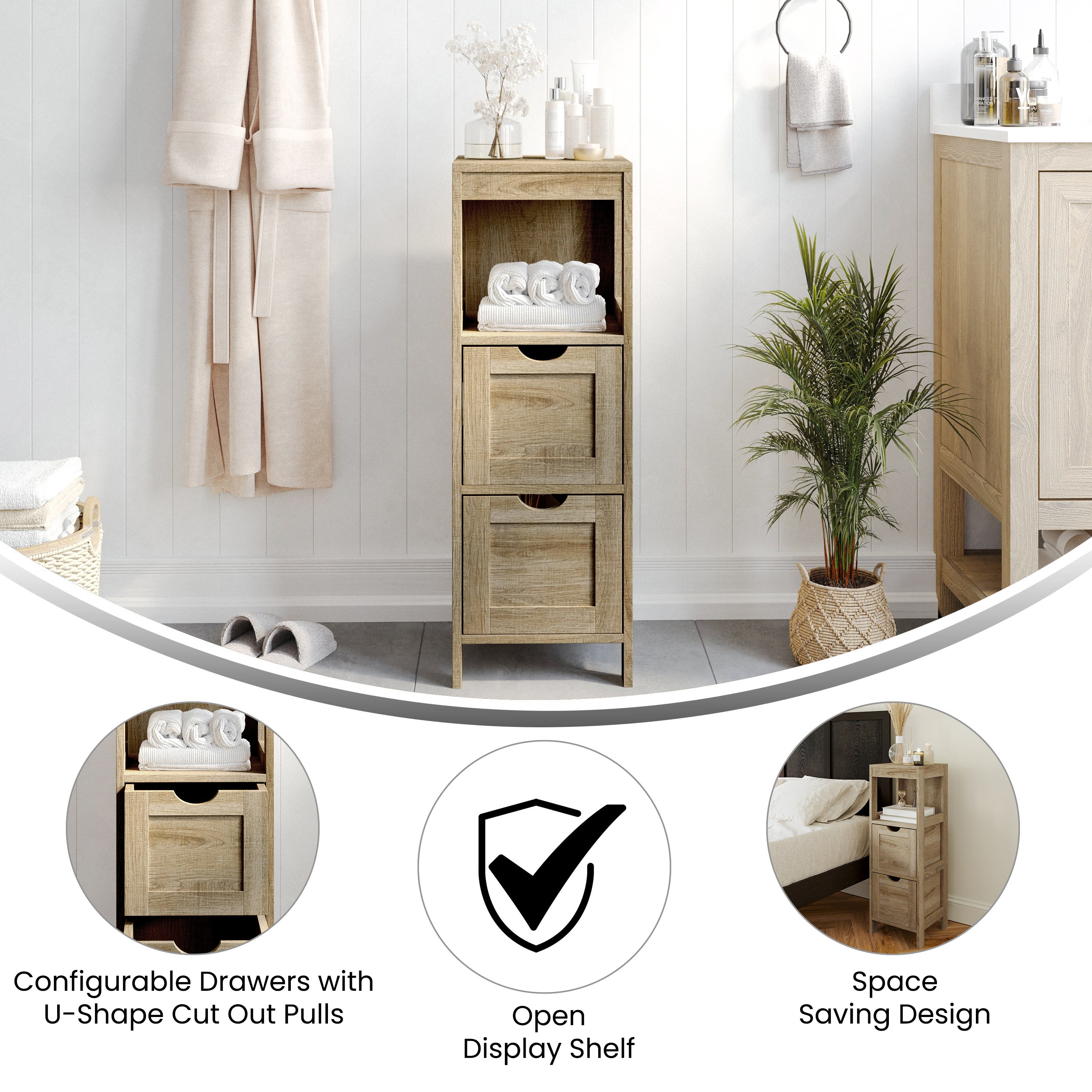 Dune Farmhouse Bathroom Storage Organizer with Two Removable Drawers and Open Display Shelf