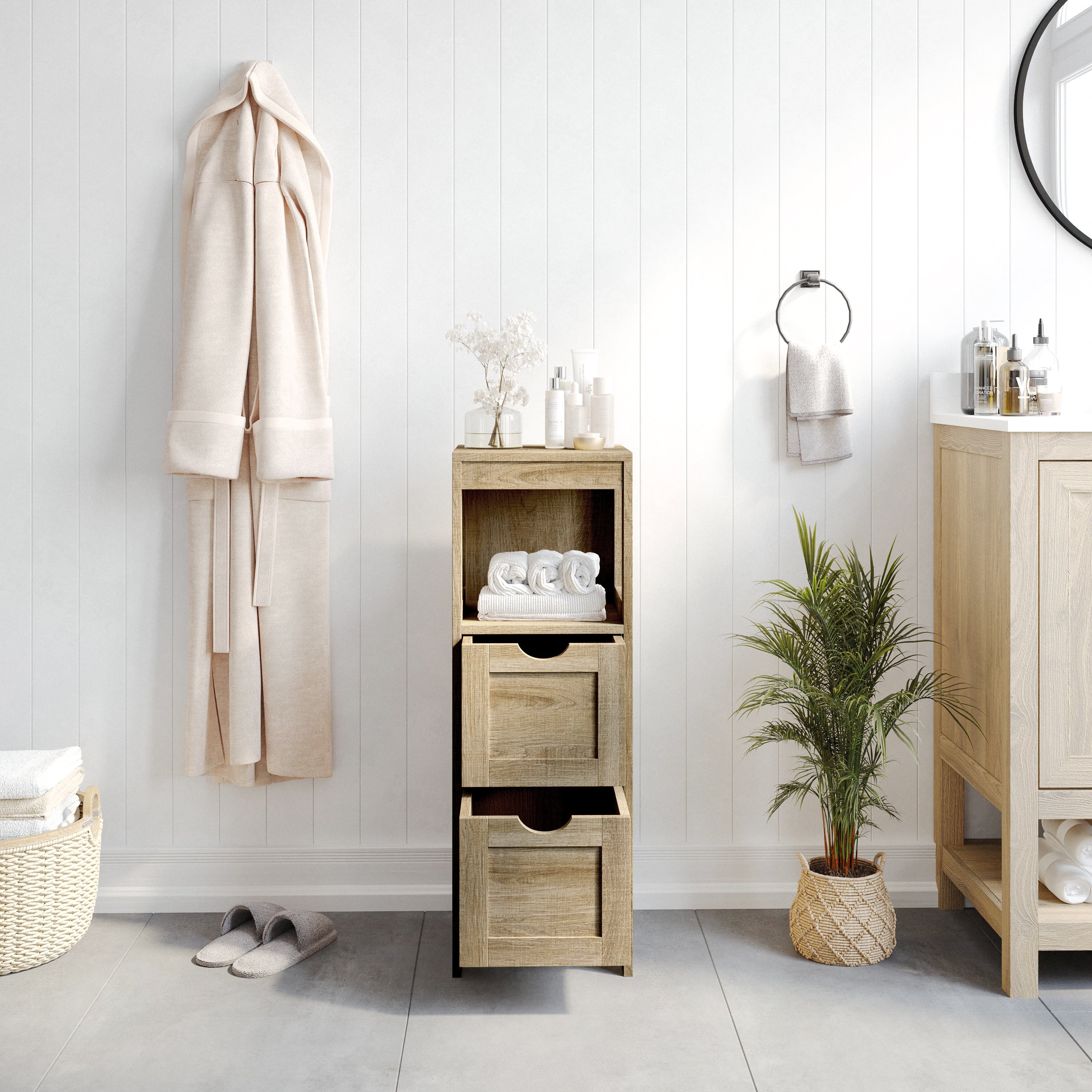 Dune Farmhouse Bathroom Storage Organizer with Two Removable Drawers and Open Display Shelf
