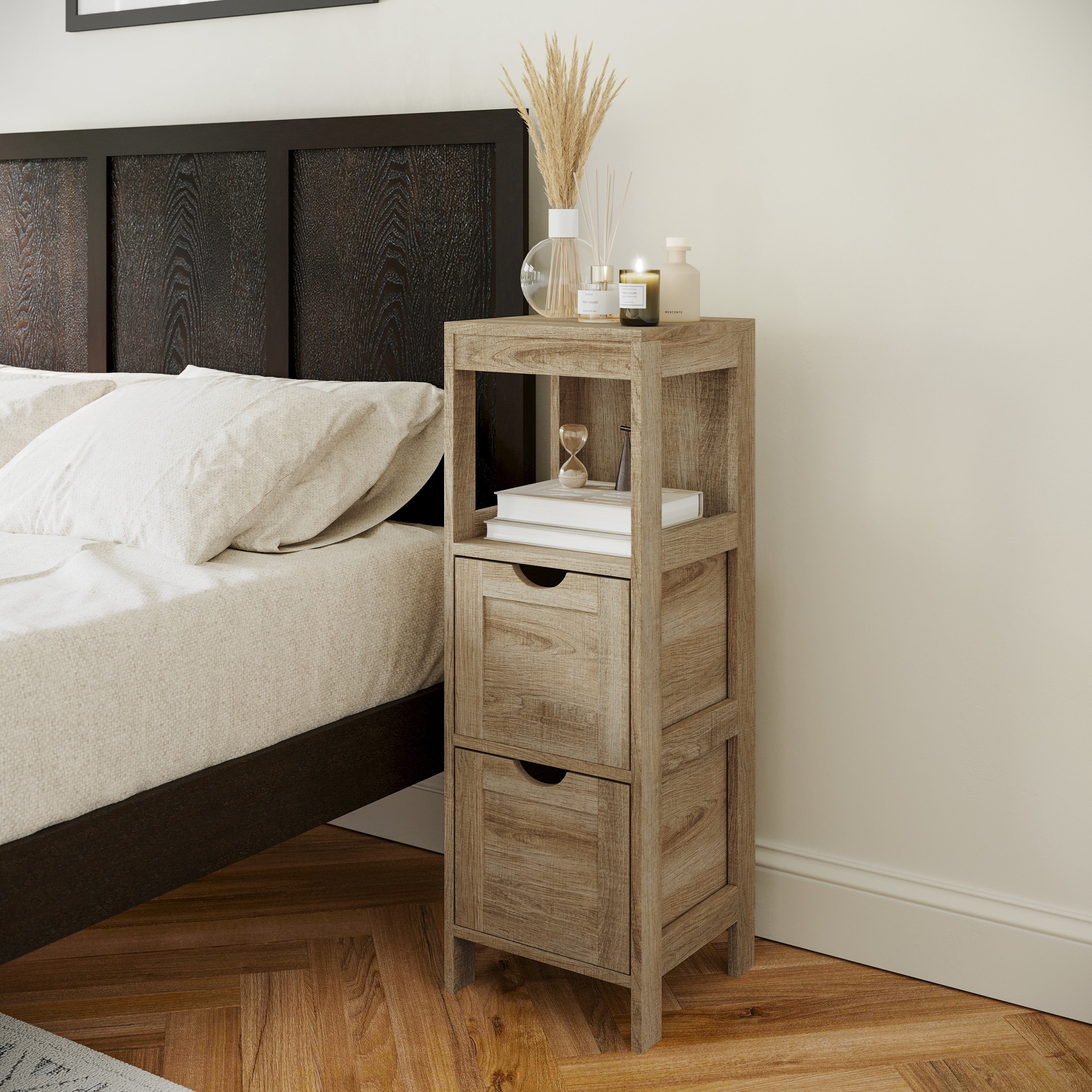 Dune Farmhouse Bathroom Storage Organizer with Two Removable Drawers and Open Display Shelf