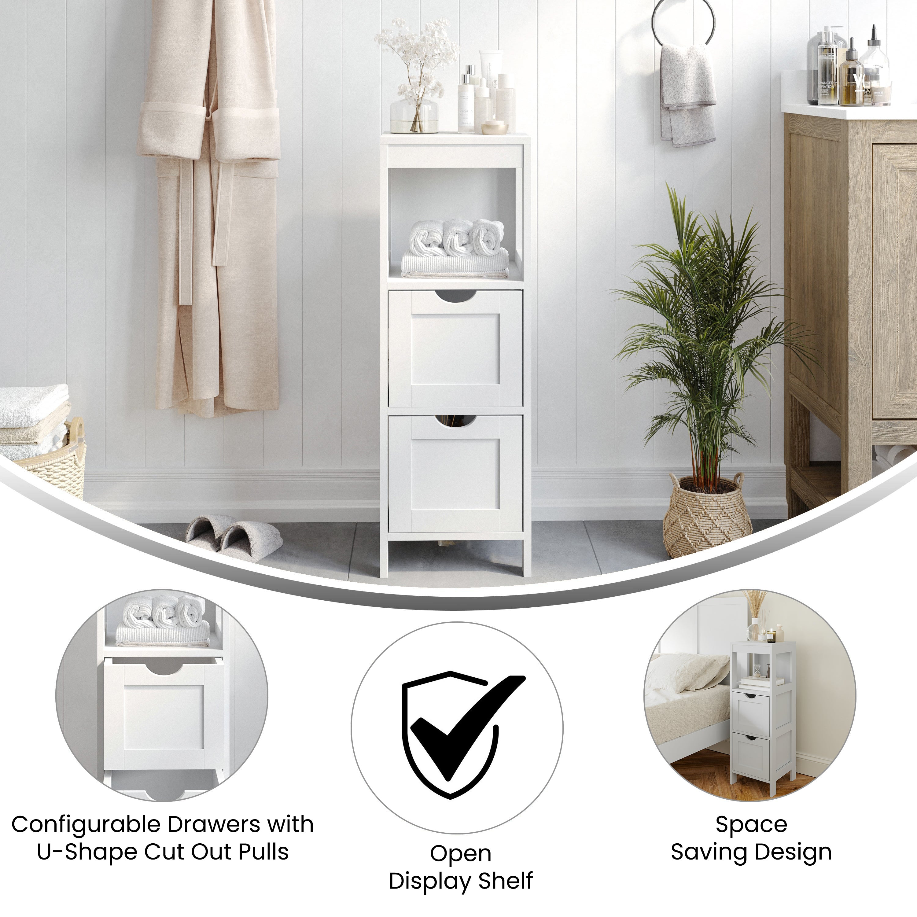 Dune Farmhouse Bathroom Storage Organizer with Two Removable Drawers and Open Display Shelf