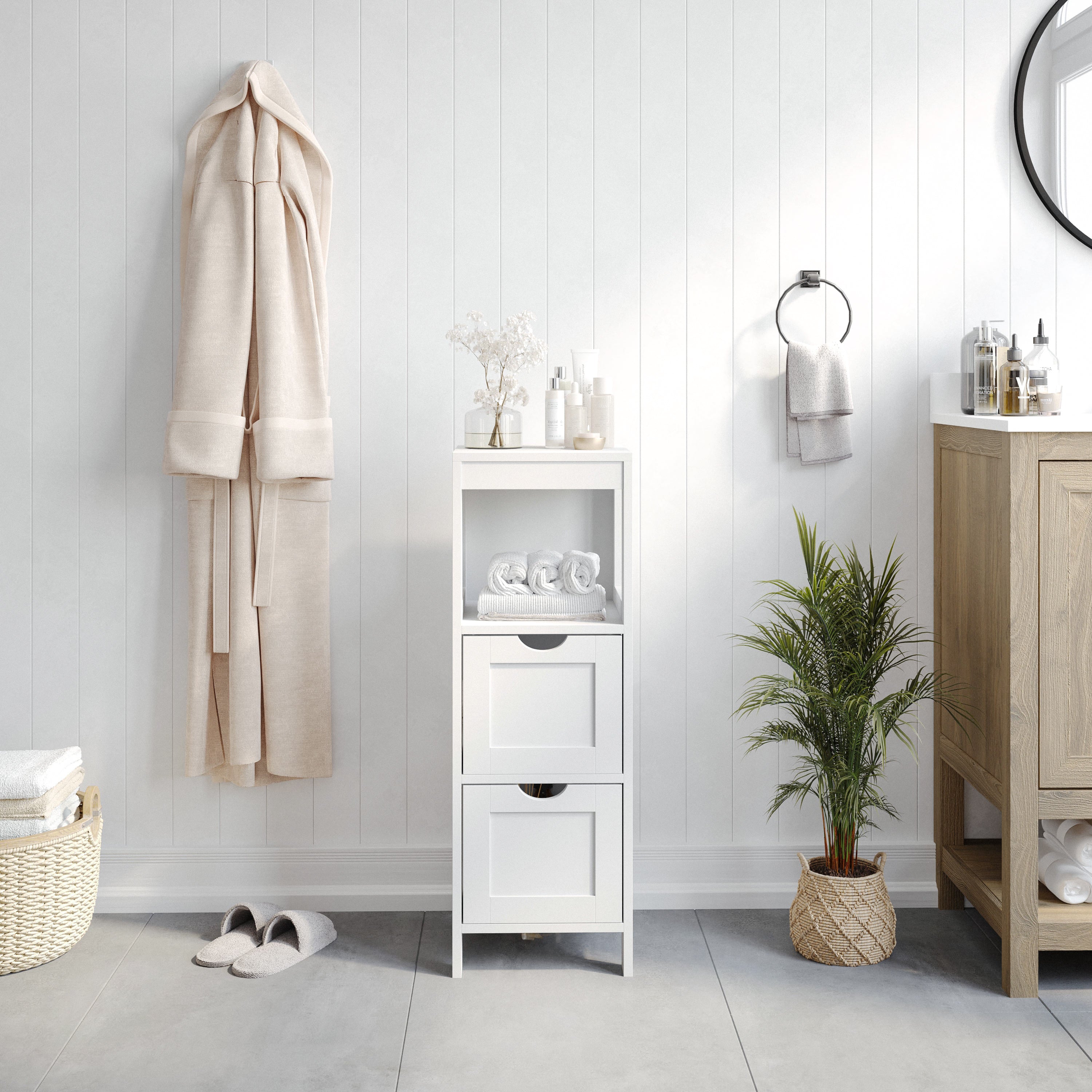 Dune Farmhouse Bathroom Storage Organizer with Two Removable Drawers and Open Display Shelf