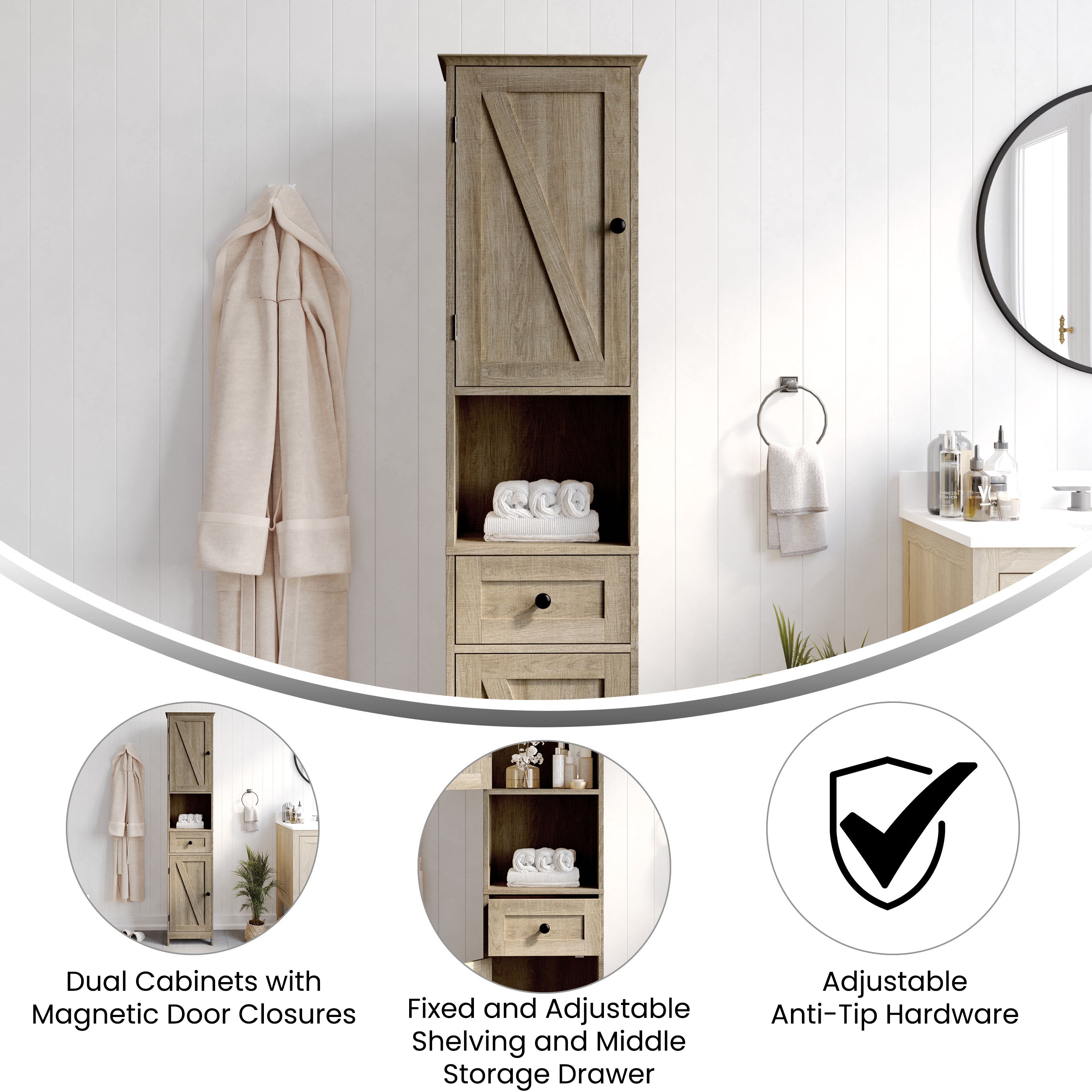 Dune Freestanding Bathroom Linen Tower Storage Cabinet with Magnetic Close Doors, Adjustable Shelves, Open Display Shelf, and Drawer