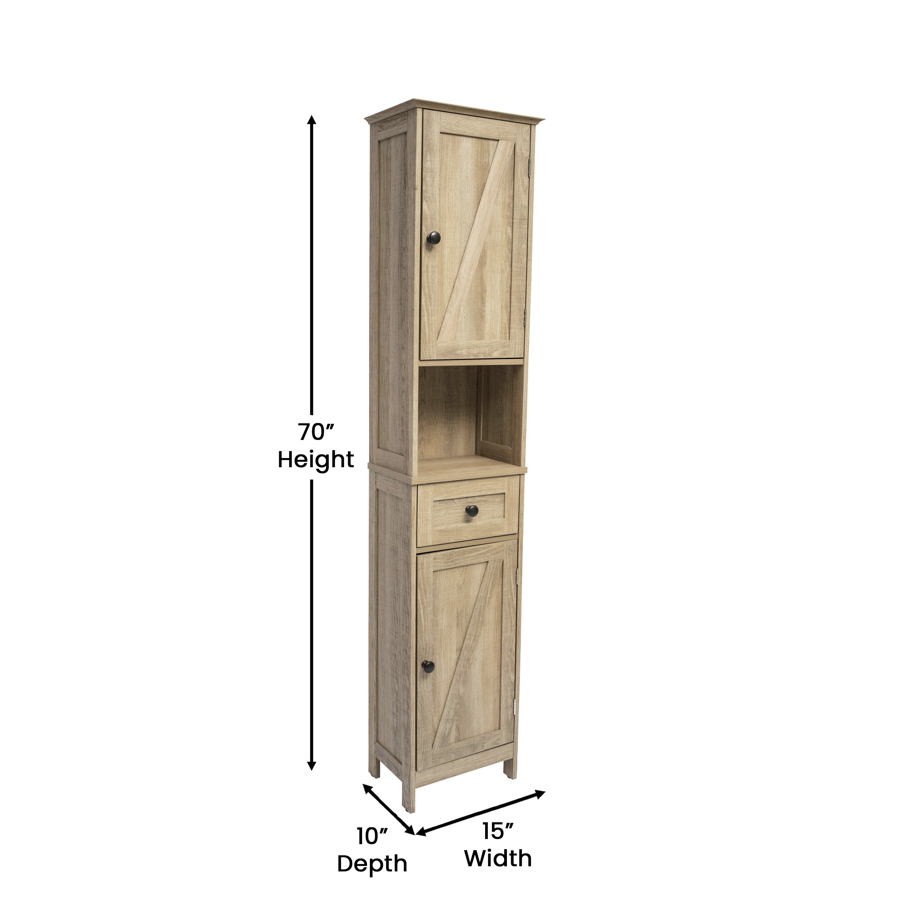 Dune Freestanding Bathroom Linen Tower Storage Cabinet with Magnetic Close Doors, Adjustable Shelves, Open Display Shelf, and Drawer