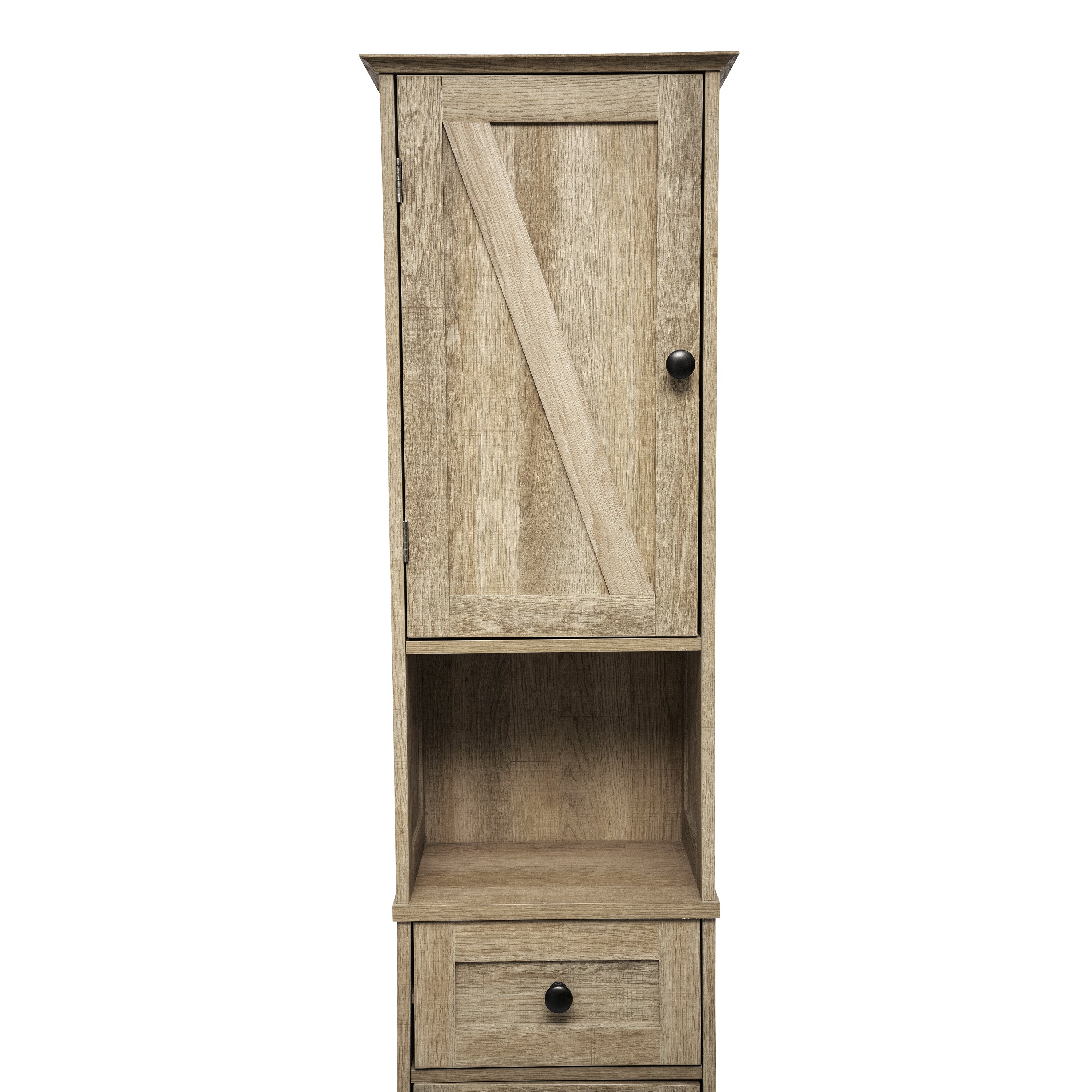 Dune Freestanding Bathroom Linen Tower Storage Cabinet with Magnetic Close Doors, Adjustable Shelves, Open Display Shelf, and Drawer
