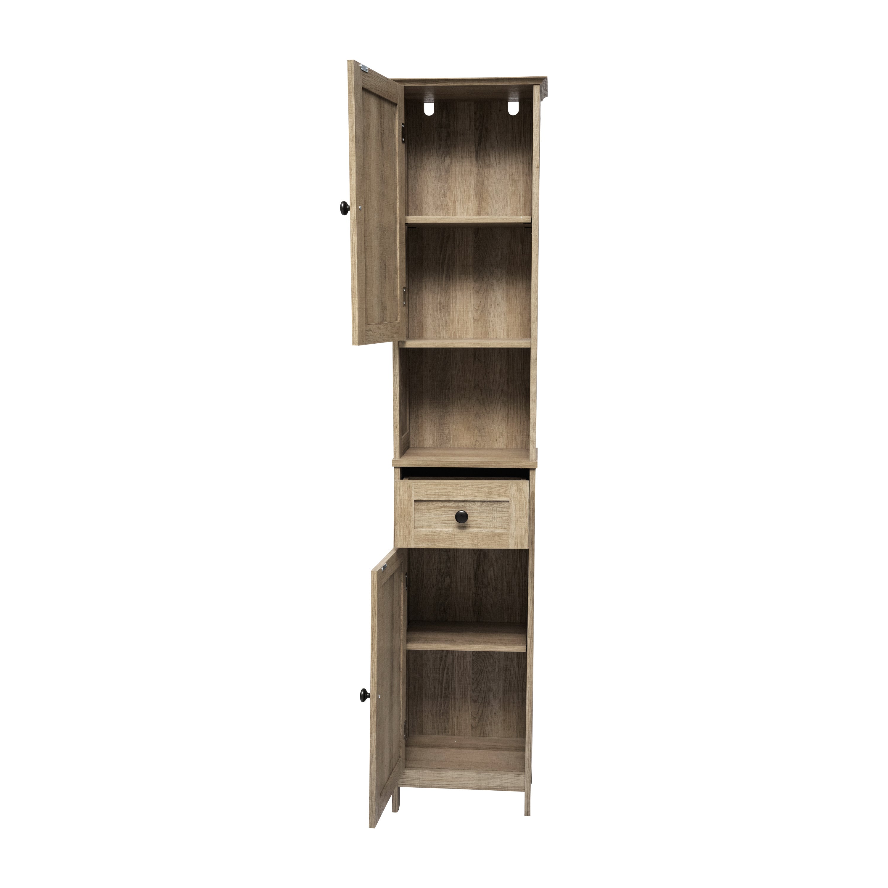 Dune Freestanding Bathroom Linen Tower Storage Cabinet with Magnetic Close Doors, Adjustable Shelves, Open Display Shelf, and Drawer