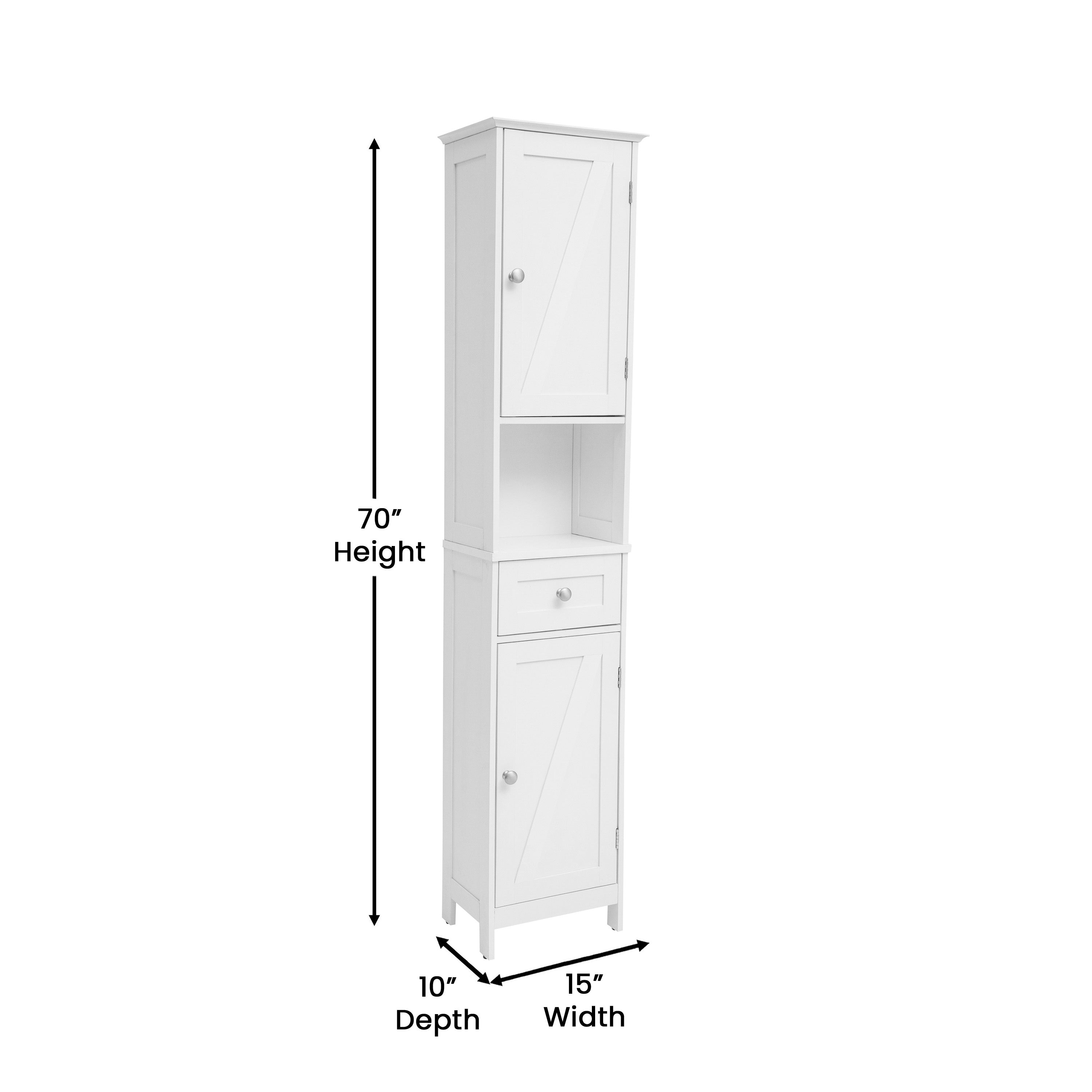 Dune Freestanding Bathroom Linen Tower Storage Cabinet with Magnetic Close Doors, Adjustable Shelves, Open Display Shelf, and Drawer