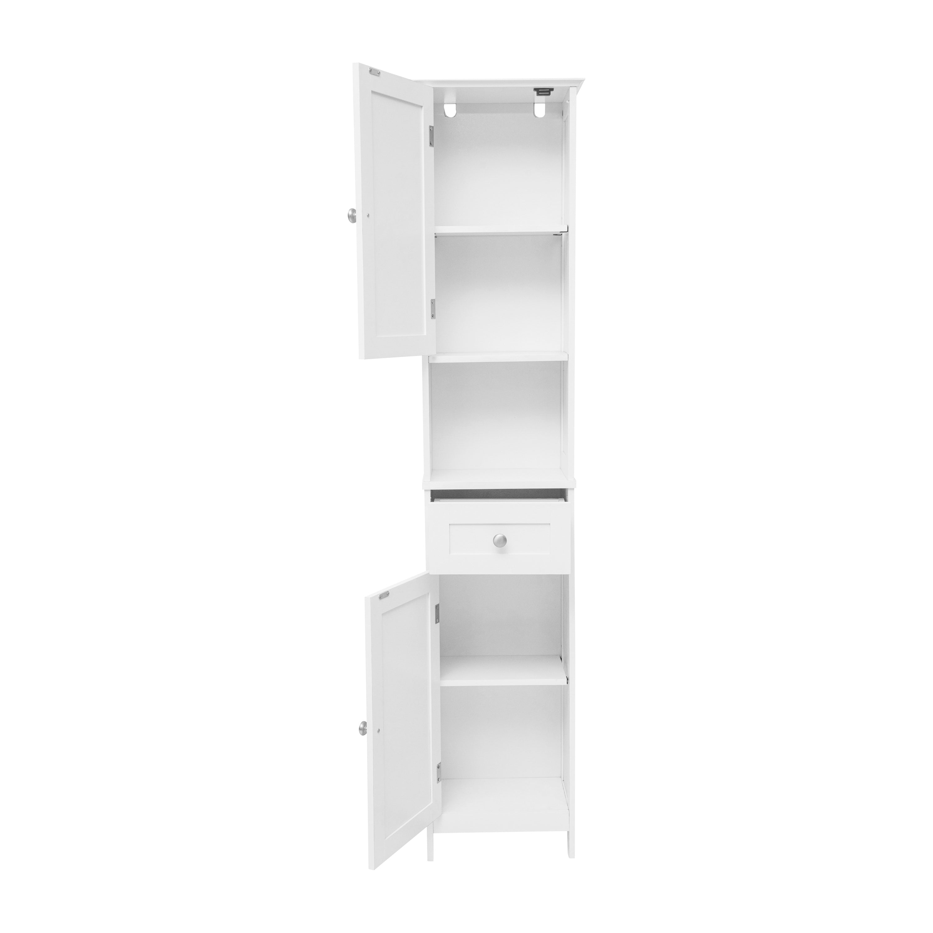 Dune Freestanding Bathroom Linen Tower Storage Cabinet with Magnetic Close Doors, Adjustable Shelves, Open Display Shelf, and Drawer