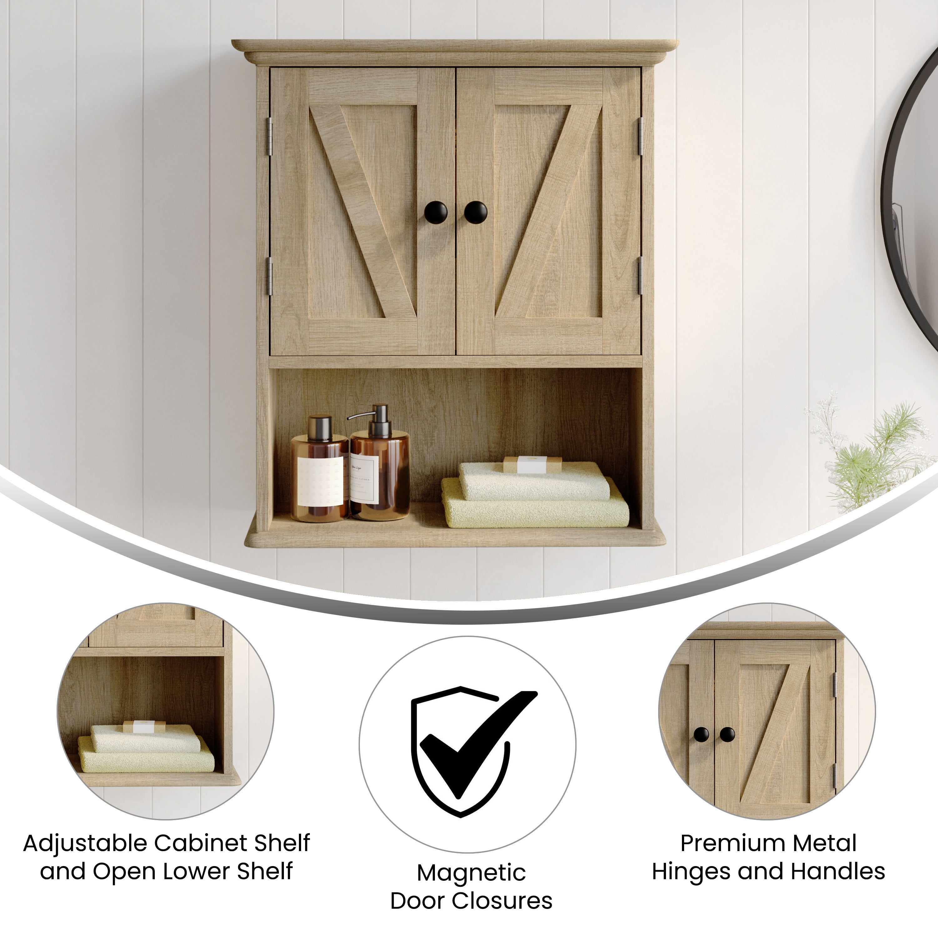 Dune Wall Mounted Bathroom Medicine Cabinet Storage Organizer with Magnetic Closure Doors, Adjustable Shelf, and Lower Open Shelf