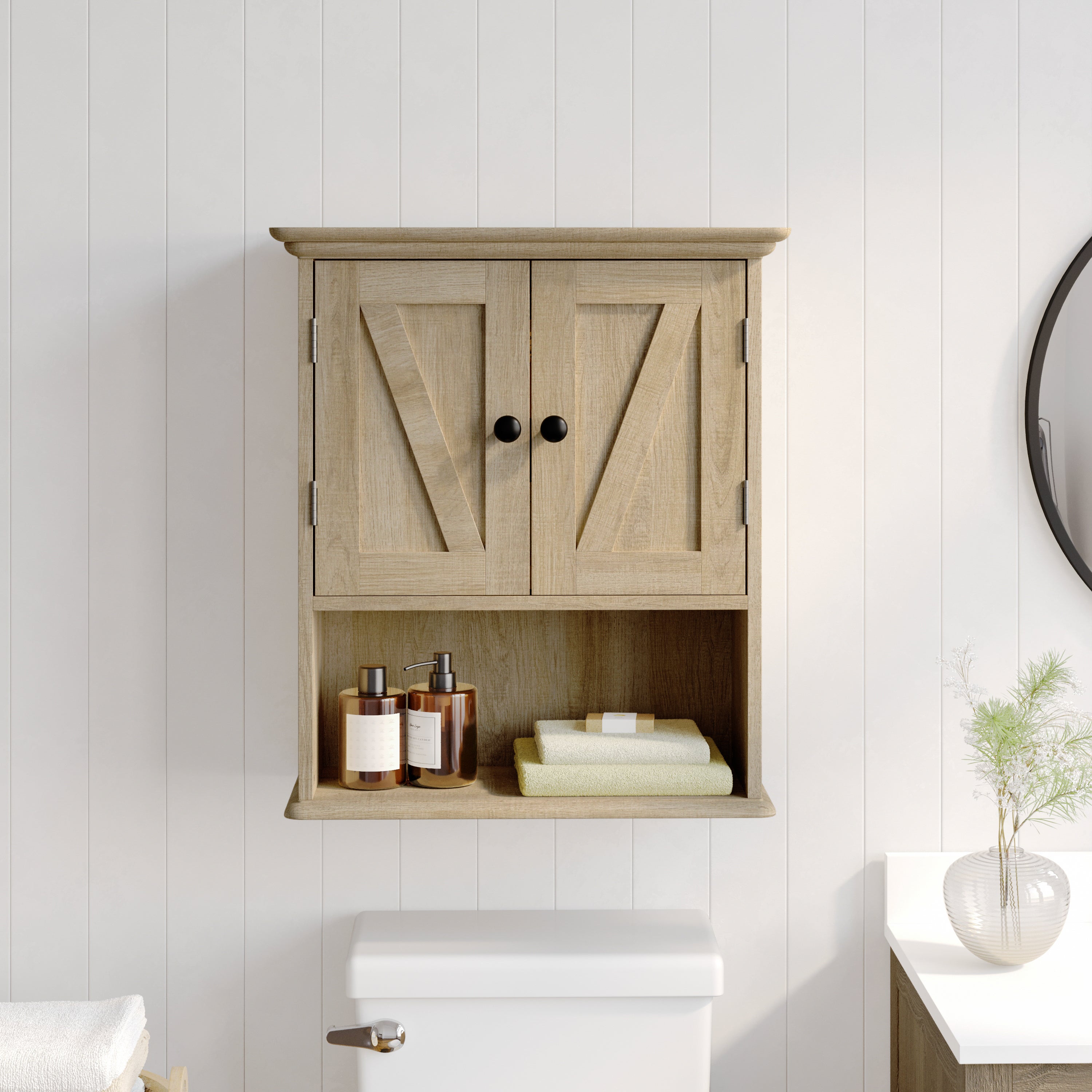Dune Wall Mounted Bathroom Medicine Cabinet Storage Organizer with Magnetic Closure Doors, Adjustable Shelf, and Lower Open Shelf