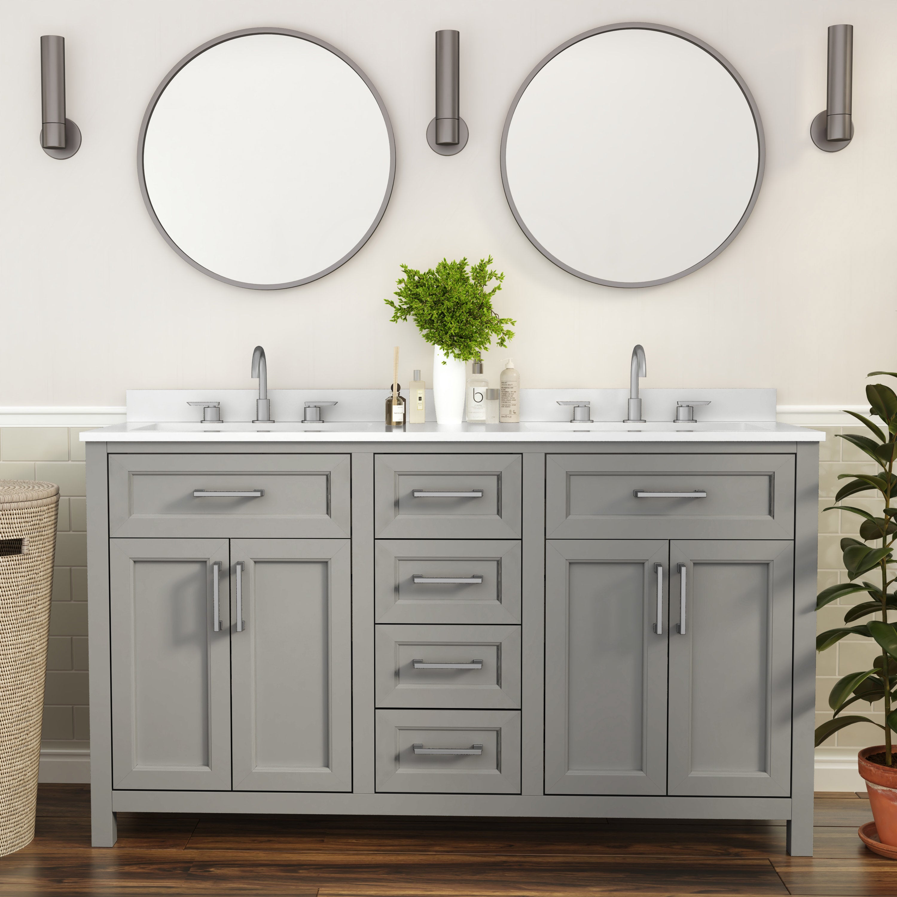 Vega Bathroom Double Vanity with 2 Sinks, 2 Storage Cabinets with Soft Close Doors, and 6 Drawers, Carrara Marble Finish Countertop
