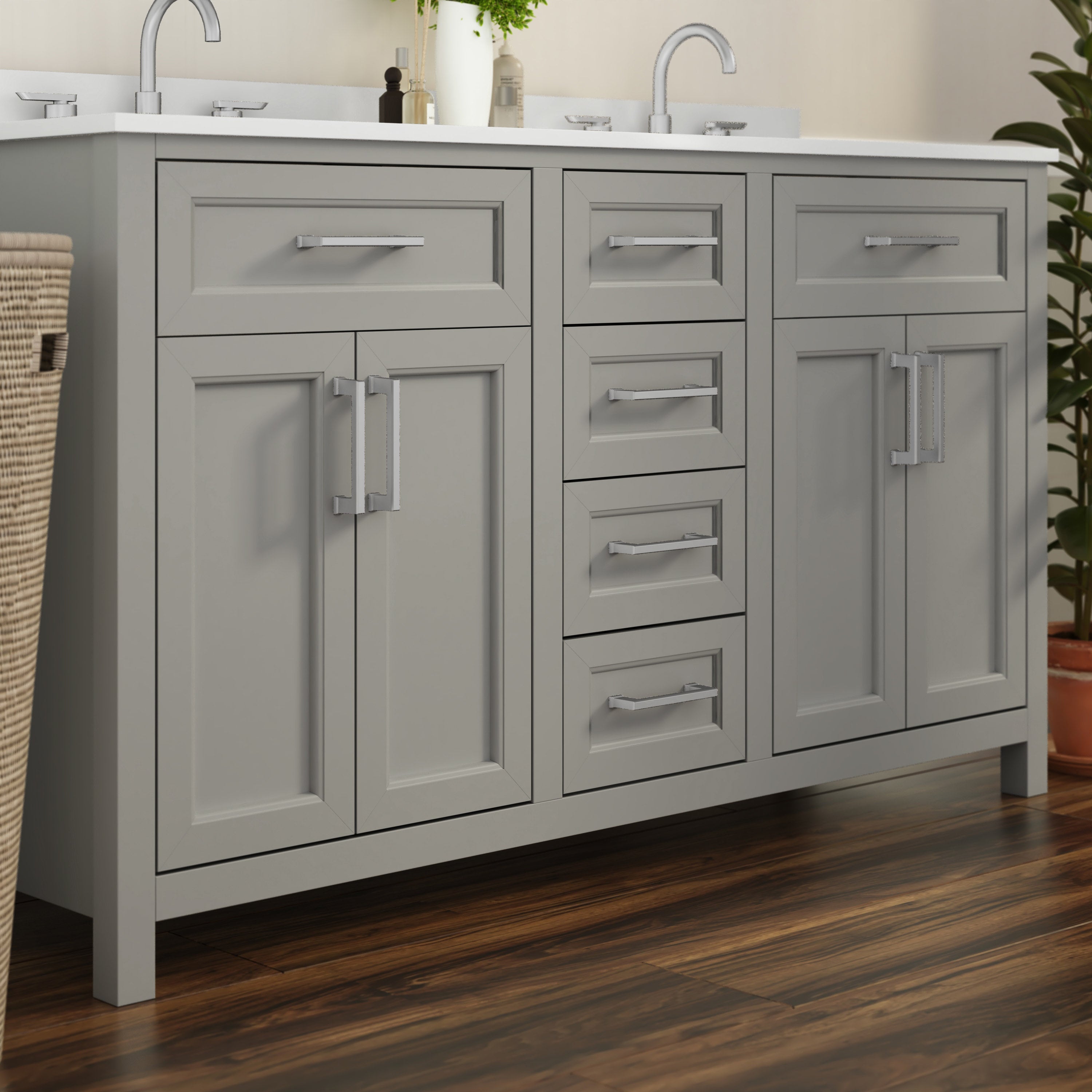 Vega Bathroom Double Vanity with 2 Sinks, 2 Storage Cabinets with Soft Close Doors, and 6 Drawers, Carrara Marble Finish Countertop