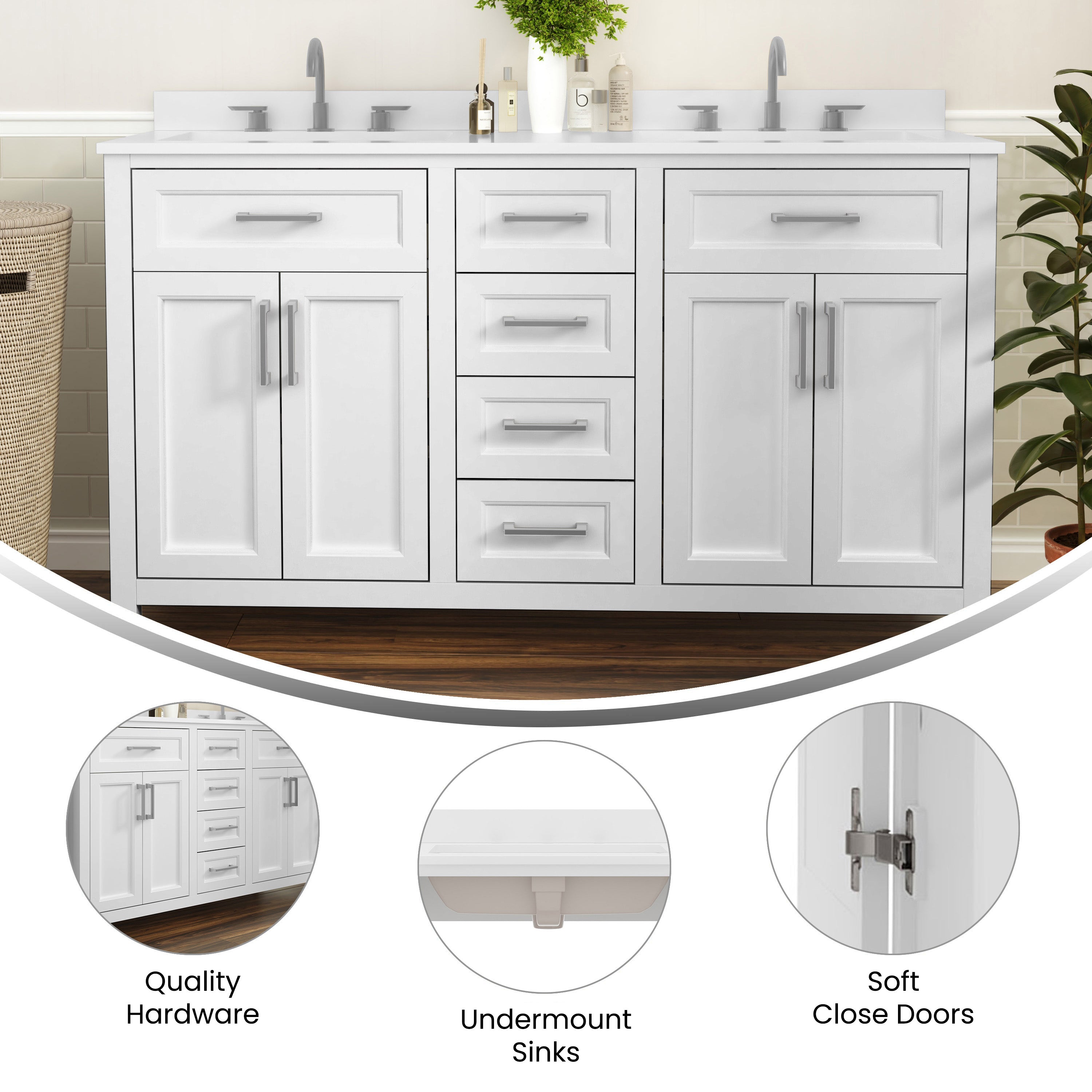 Vega Bathroom Double Vanity with 2 Sinks, 2 Storage Cabinets with Soft Close Doors, and 6 Drawers, Carrara Marble Finish Countertop
