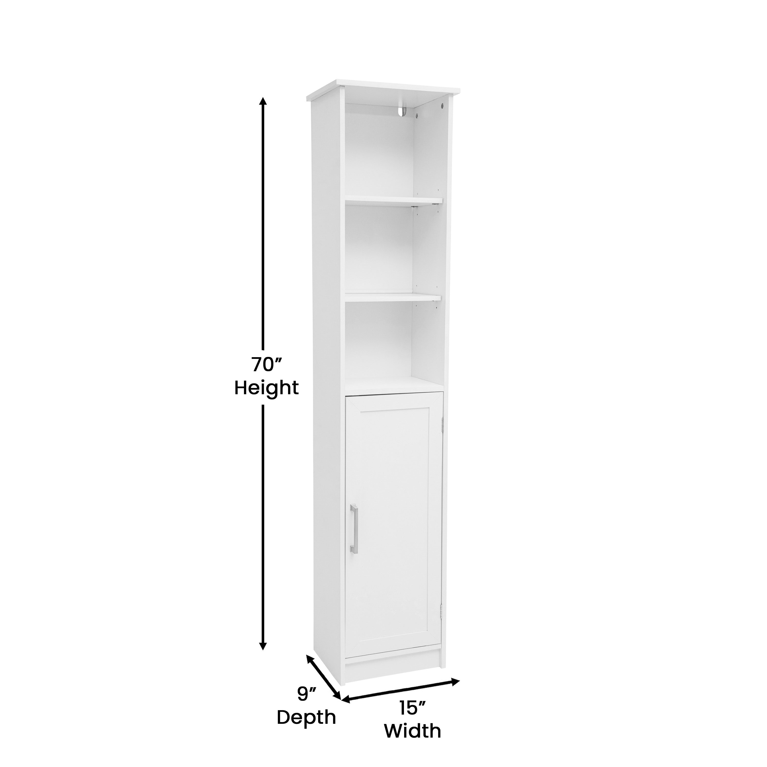 Vega Freestanding Narrow Bathroom Linen Tower Storage Cabinet Organizer with Door, In-Cabinet Adjustable Shelf, and Upper Open Shelves
