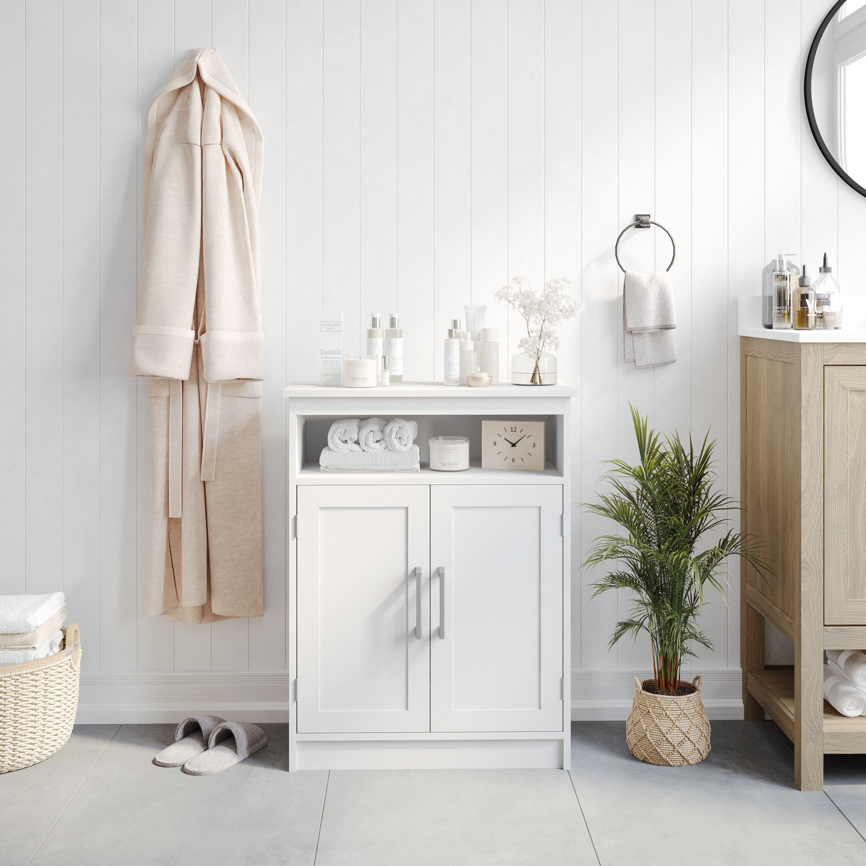Vega Bathroom Storage Cabinet Organizer with Magnetic Closure Doors, In-Cabinet Adjustable Shelf, and Upper Open Shelf