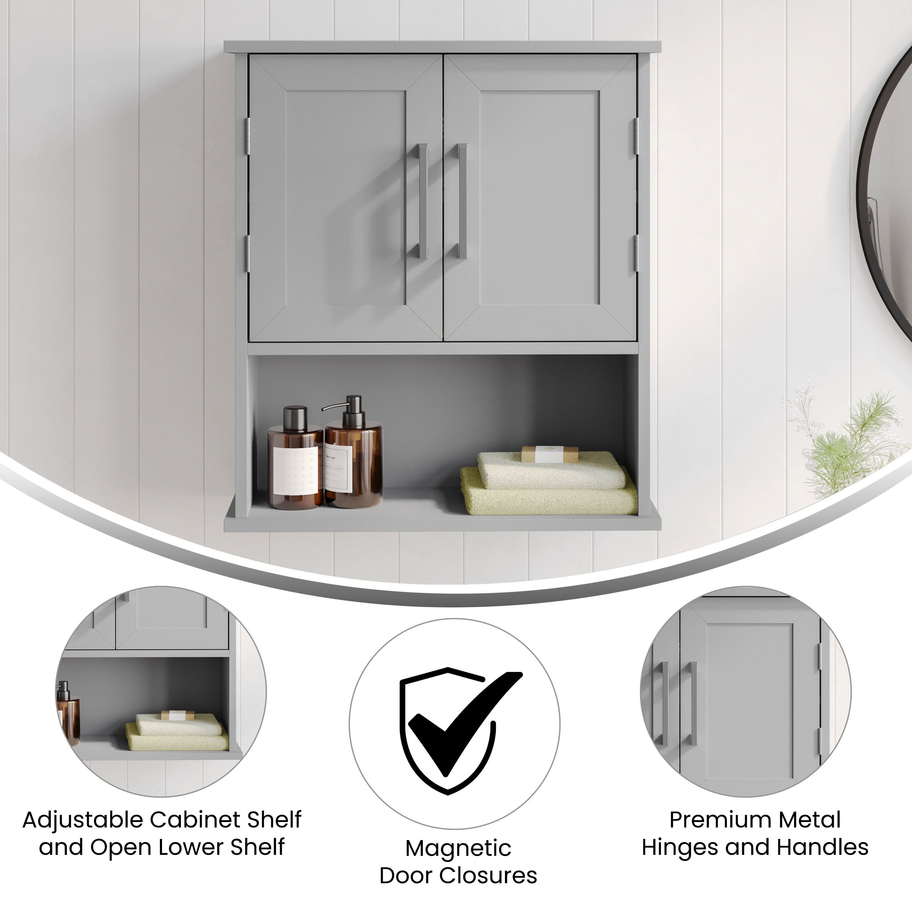 Vega Wall Mounted Bathroom Medicine Cabinet Storage Organizer with Magnetic Closure Doors, Adjustable Shelf, and Lower Open Shelf