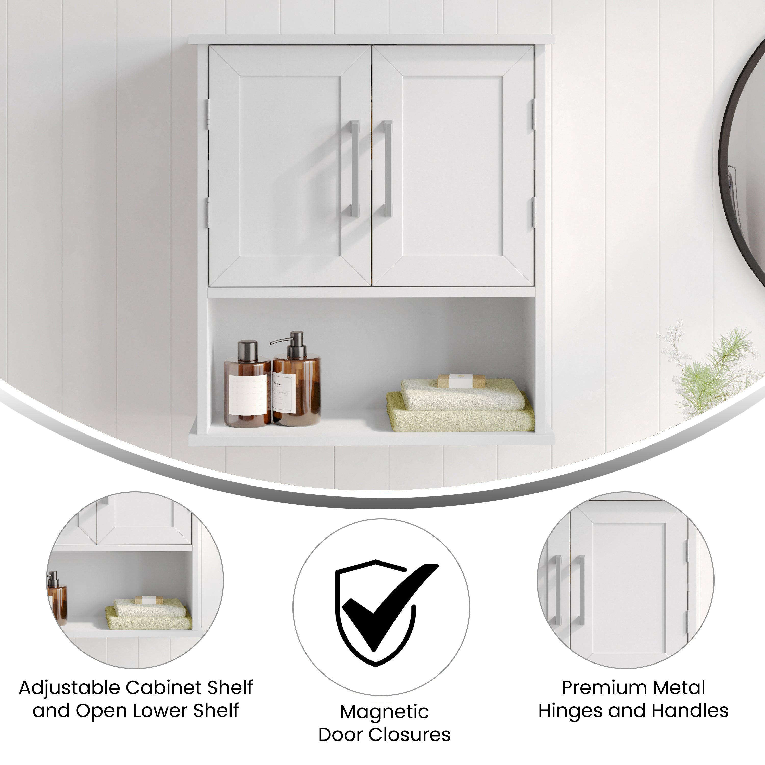 Vega Wall Mounted Bathroom Medicine Cabinet Storage Organizer with Magnetic Closure Doors, Adjustable Shelf, and Lower Open Shelf