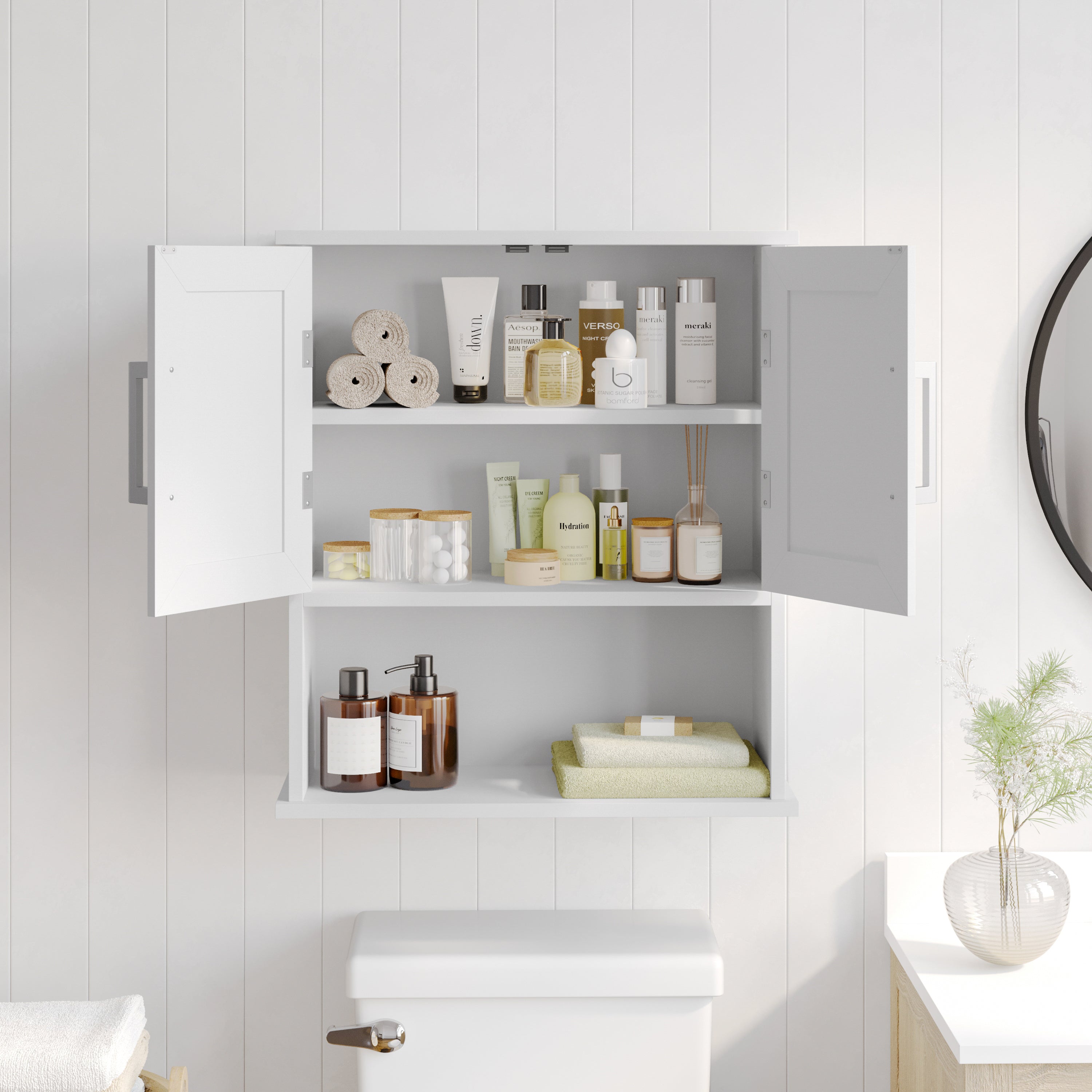 Vega Wall Mounted Bathroom Medicine Cabinet Storage Organizer with Magnetic Closure Doors, Adjustable Shelf, and Lower Open Shelf
