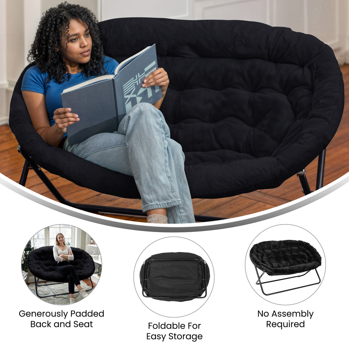 Eleanor Portable Folding Upholstered Double Saucer Chair with a Steel Frame for Dorm, Living Room, or Bedroom