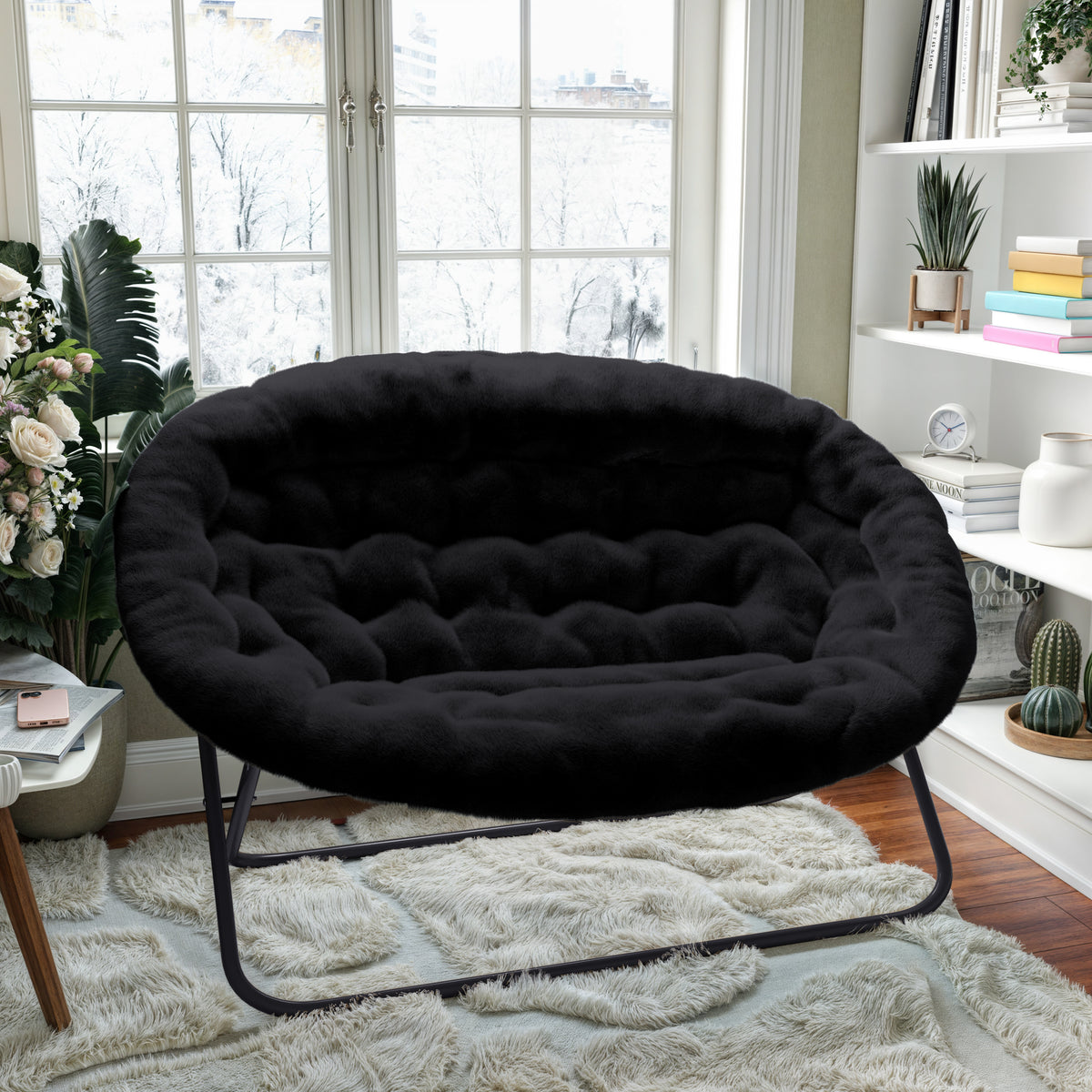 Eleanor Portable Folding Upholstered Double Saucer Chair with a Steel Frame for Dorm, Living Room, or Bedroom
