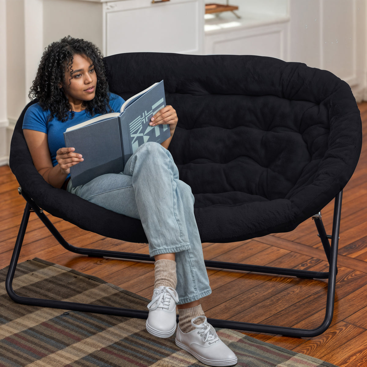 Eleanor Portable Folding Upholstered Double Saucer Chair with a Steel Frame for Dorm, Living Room, or Bedroom