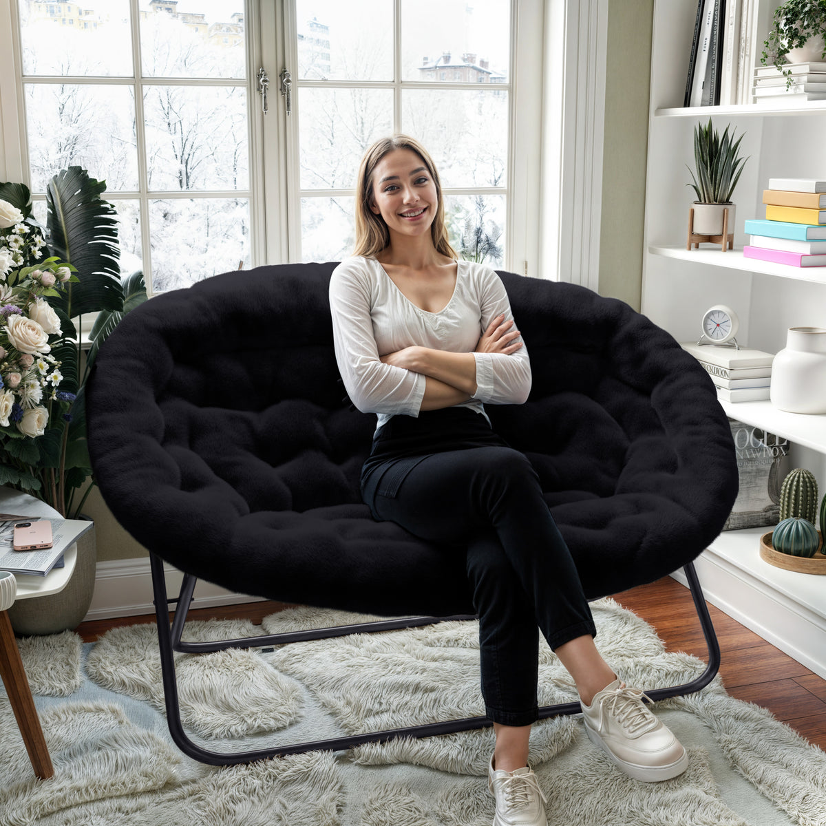 Eleanor Portable Folding Upholstered Double Saucer Chair with a Steel Frame for Dorm, Living Room, or Bedroom