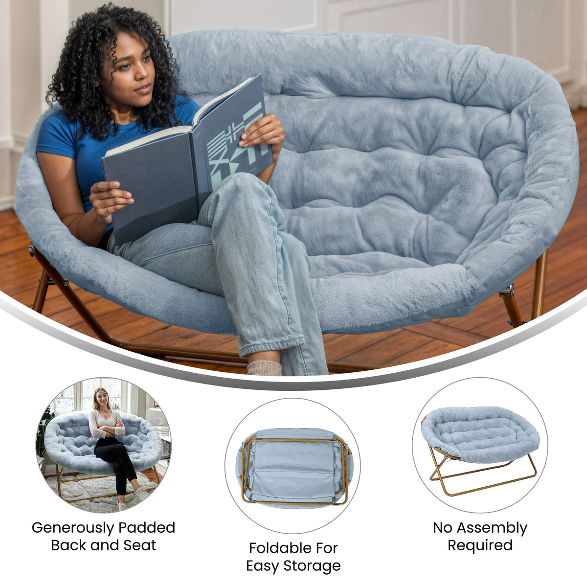 Eleanor Portable Folding Upholstered Double Saucer Chair with a Steel Frame for Dorm, Living Room, or Bedroom