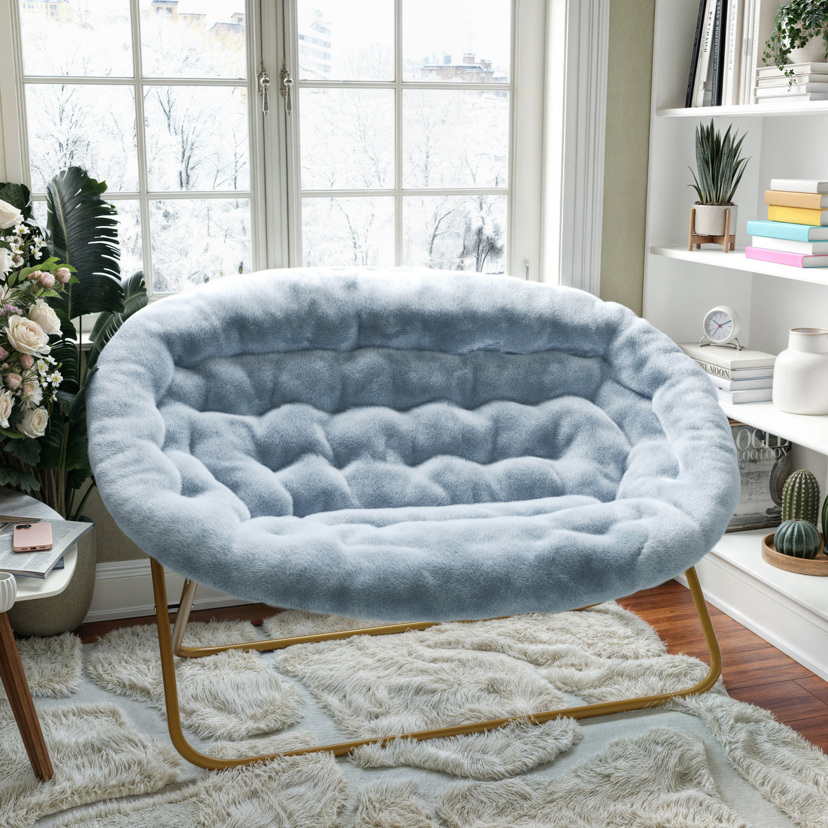 Eleanor Portable Folding Upholstered Double Saucer Chair with a Steel Frame for Dorm, Living Room, or Bedroom
