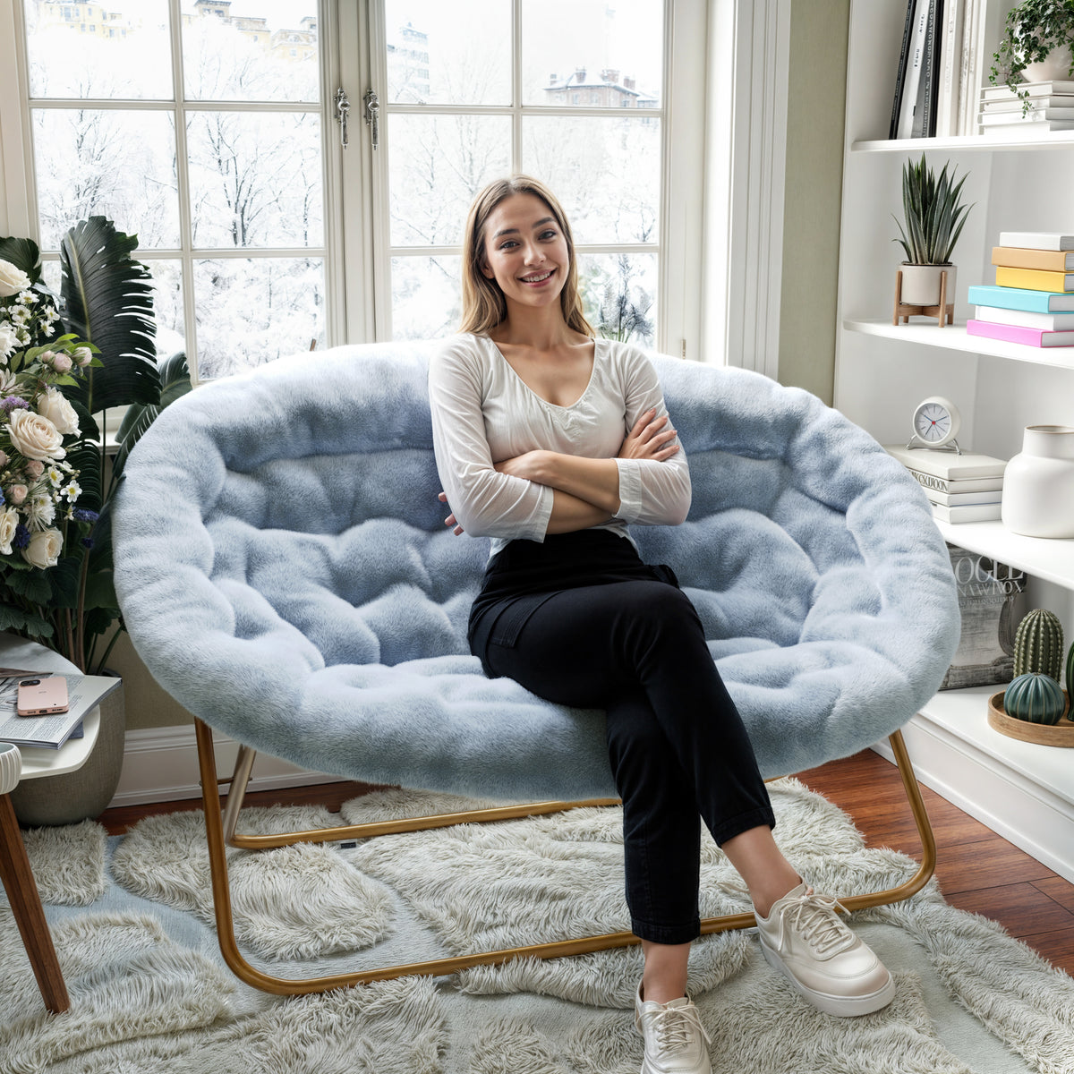 Eleanor Portable Folding Upholstered Double Saucer Chair with a Steel Frame for Dorm, Living Room, or Bedroom