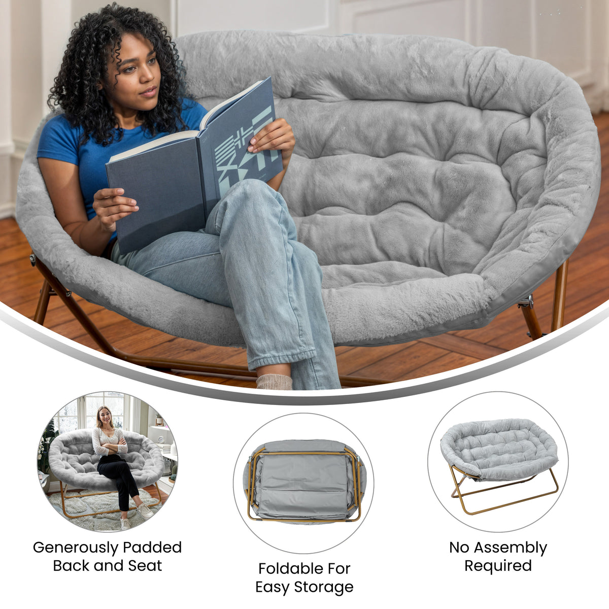 Eleanor Portable Folding Upholstered Double Saucer Chair with a Steel Frame for Dorm, Living Room, or Bedroom