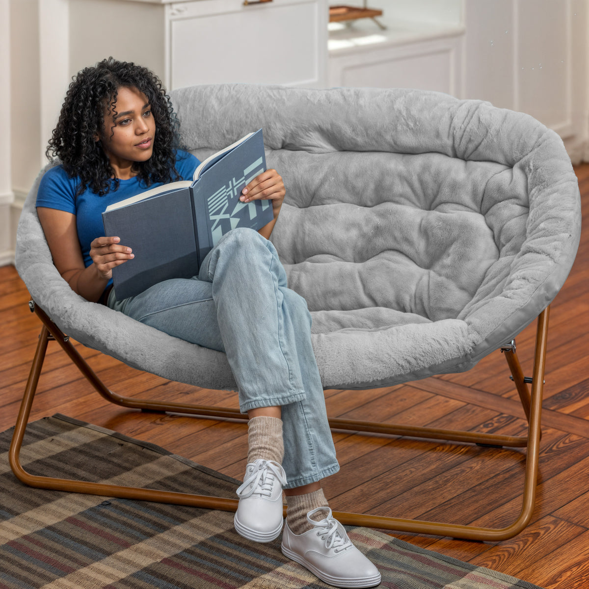 Eleanor Portable Folding Upholstered Double Saucer Chair with a Steel Frame for Dorm, Living Room, or Bedroom