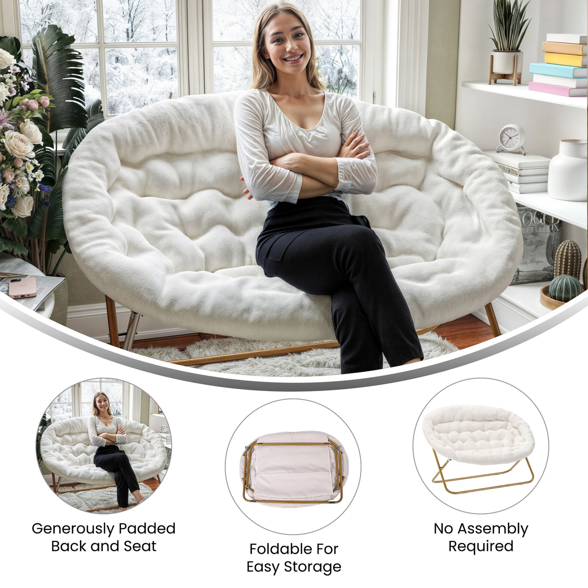 Eleanor Portable Folding Upholstered Double Saucer Chair with a Steel Frame for Dorm, Living Room, or Bedroom