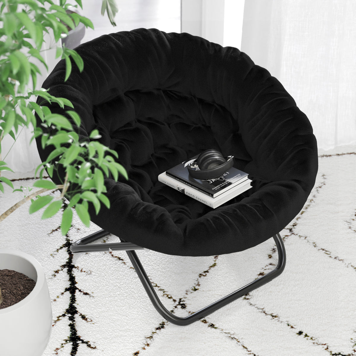 Gwen 38" Oversize Portable Faux Fur Folding Saucer Moon Chair for Dorm and Bedroom
