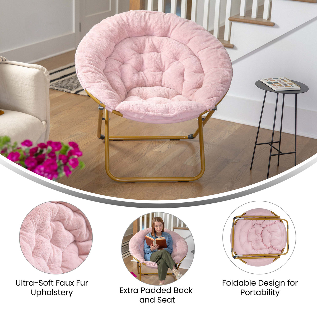 Gwen 38" Oversize Portable Faux Fur Folding Saucer Moon Chair for Dorm and Bedroom