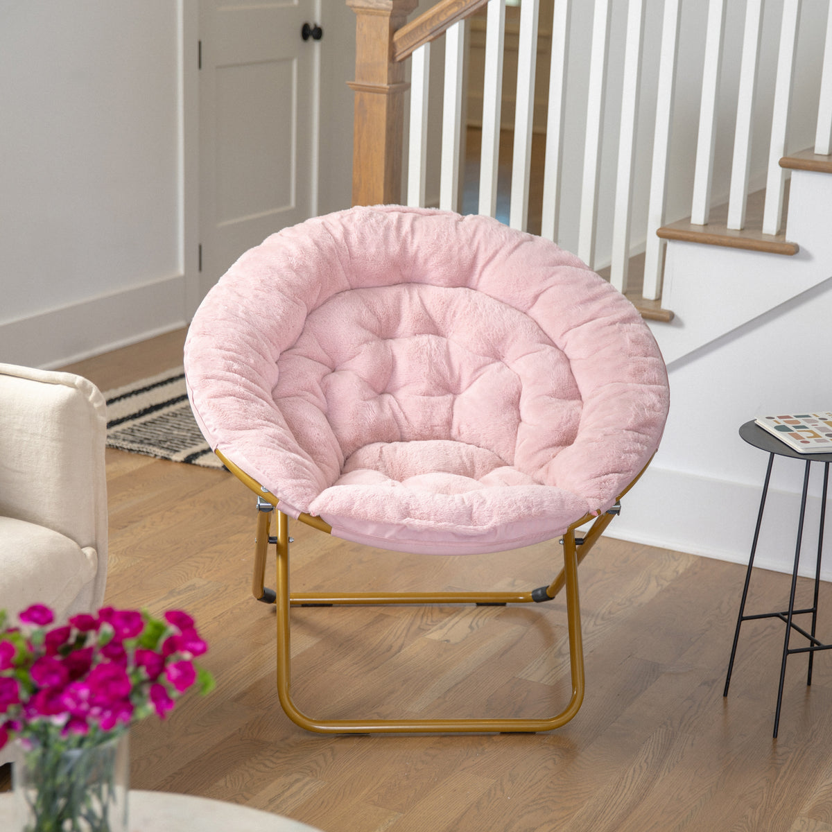 Gwen 38" Oversize Portable Faux Fur Folding Saucer Moon Chair for Dorm and Bedroom