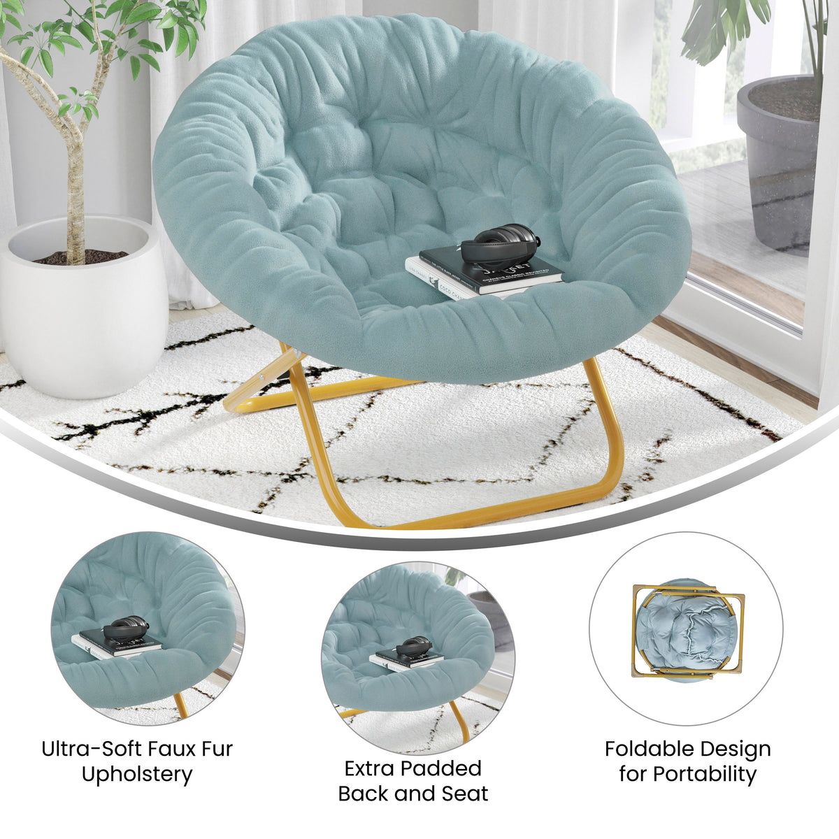 Gwen 38" Oversize Portable Faux Fur Folding Saucer Moon Chair for Dorm and Bedroom