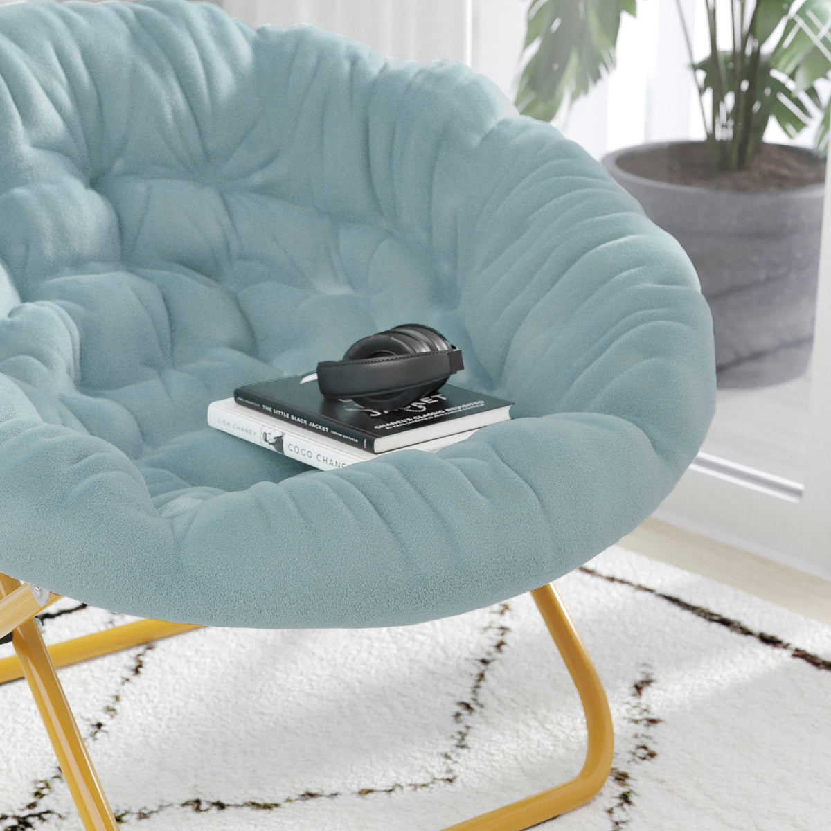 Gwen 38" Oversize Portable Faux Fur Folding Saucer Moon Chair for Dorm and Bedroom