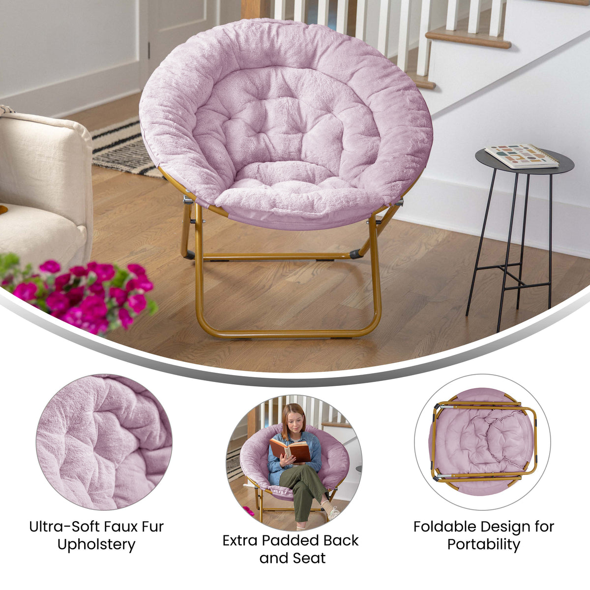 Gwen 38" Oversize Portable Faux Fur Folding Saucer Moon Chair for Dorm and Bedroom